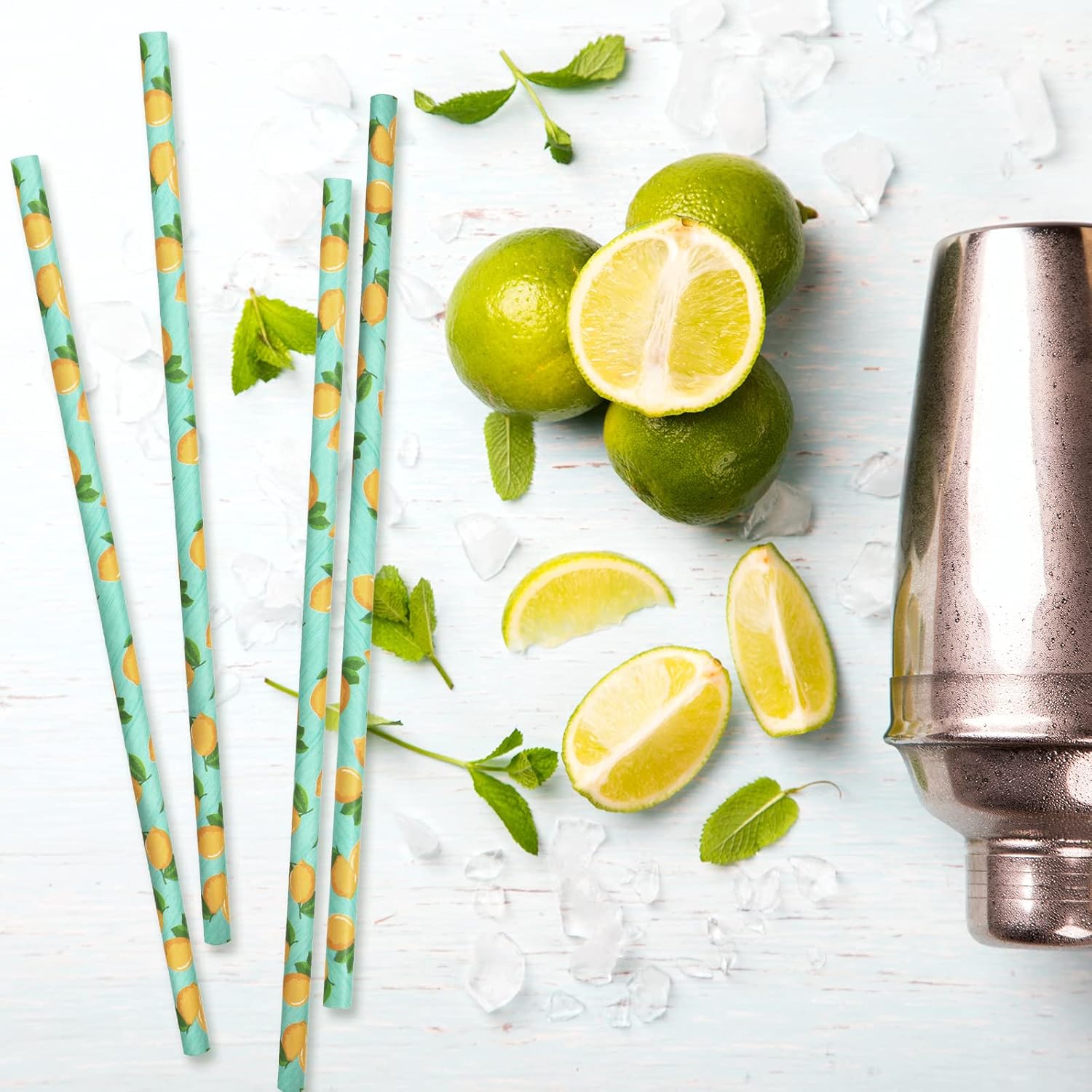 Whaline 200Pcs Watercolor Lemon Paper Straws Summer Disposable Drinking Straws Lemon Party Decorative Straw for Spring Summer Birthday Baby Shower Juices Shakes Cocktails Decorations
