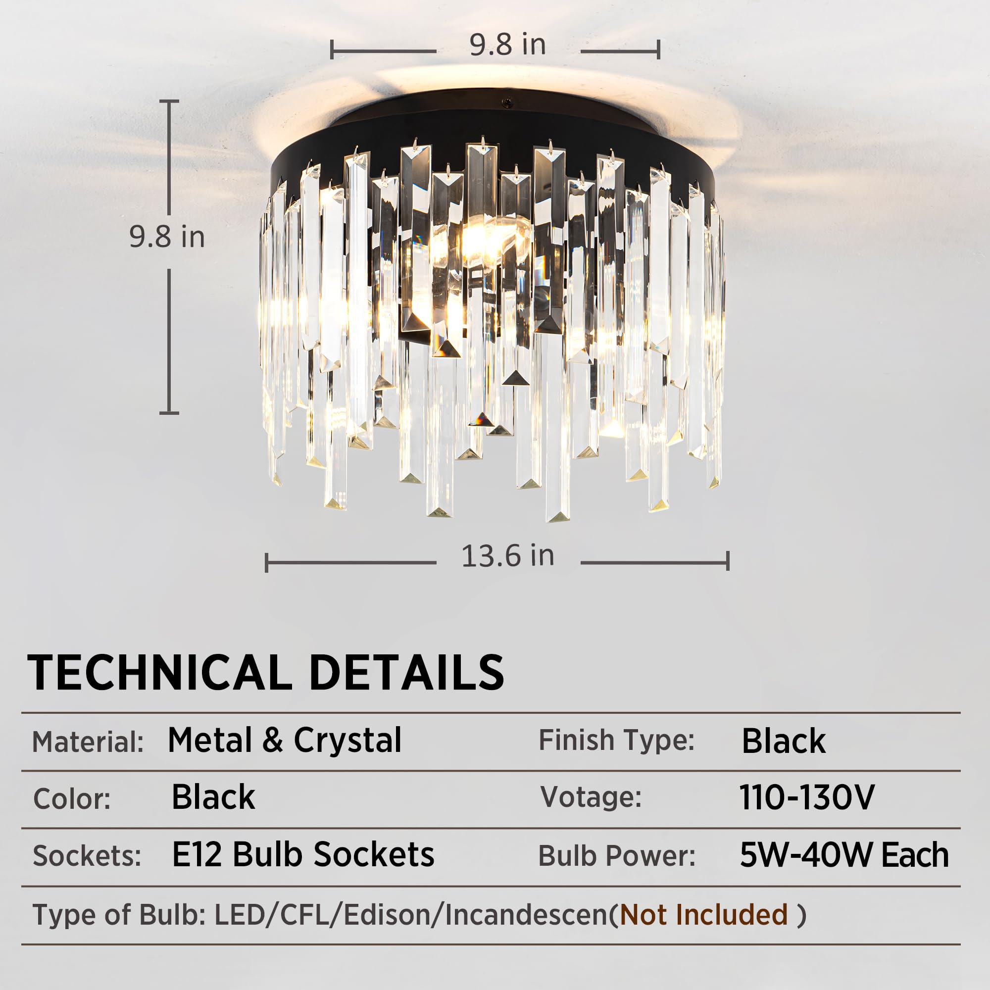 MAYNA Flush Mount Ceiling Light,Black Hallway Light Fixture,Round Crystal Close to Ceiling Light,Porch Corridor Kitchen Bedroom,Farmhouse Pendant Lamp for Entryway Bathroom Porch,Bulb Not Included