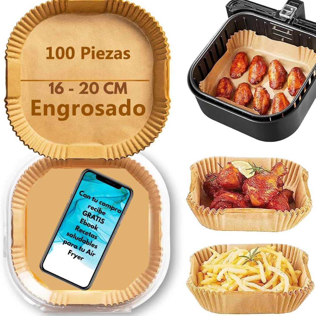 CookChic - Papel Cuadrado para Freidora Aire Premium 16 cm - 100 Piezas + eBook de Recetas | Molde Air Fryer | Compatible con Air Fryer Cecotec y Cosori 4-7L | Papel Air Fryer | Resistente al Aceite