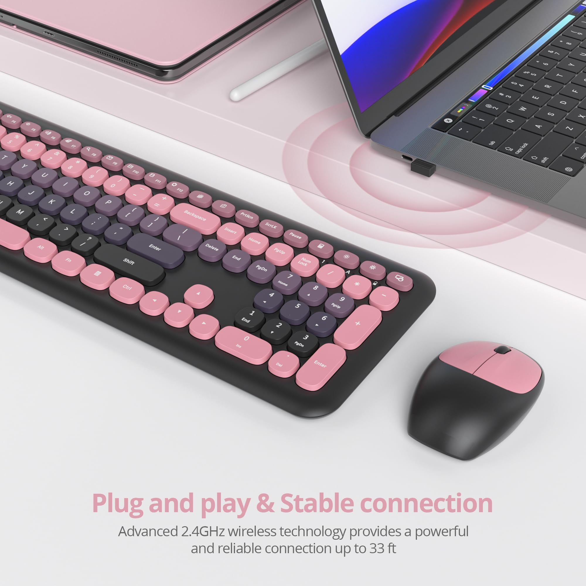 Klawiatura i mysz bezprzewodowa, retro kolorowa klawiatura radiowa z cichą myszką, amerykańska QWERTY, słodka bezprzewodowa maszyna do pisania, pełnowymiarowa, USB 2,4 GHz do PC (Pink Plum)