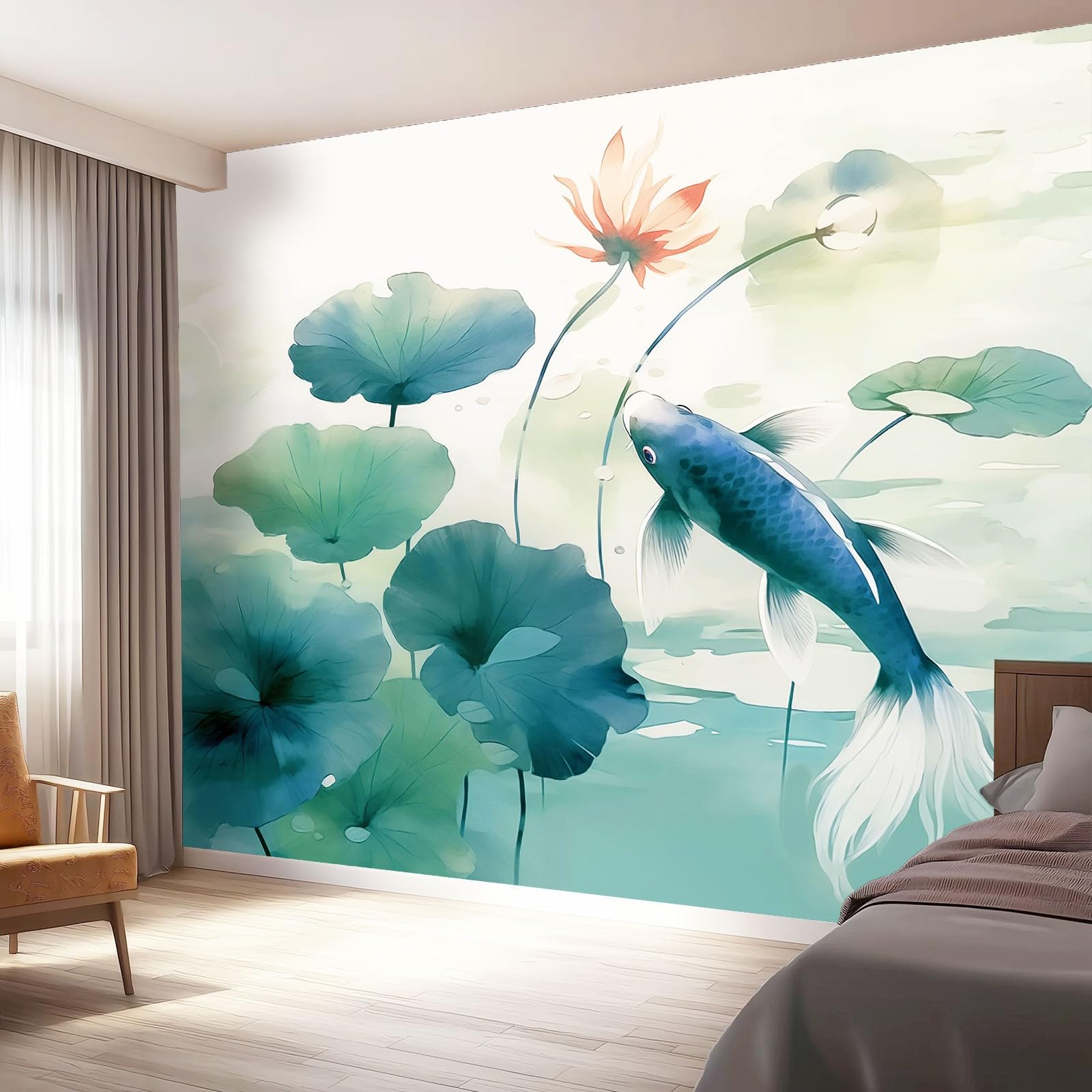 Tapeta z włókniny 350 x 256 cm, ryba chiński liść lotosu, dekoracja ścienna do dużego pokoju młodzieżowego, niebiesko-zielona