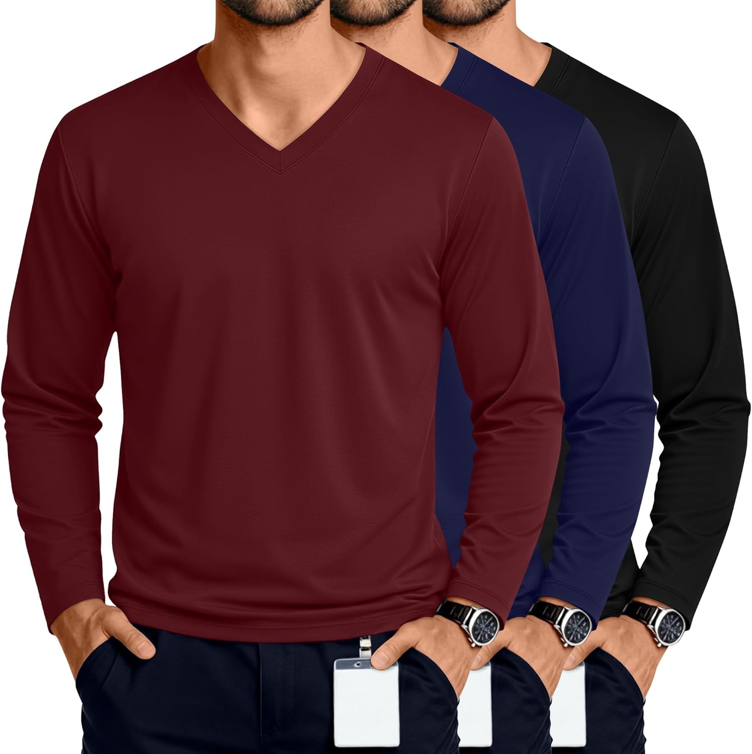 3 Pack Men's Big and Tall Undershirts Long Sleeve V Neck Shirts Base Layer Comfort Basic Tops Under Scrubs