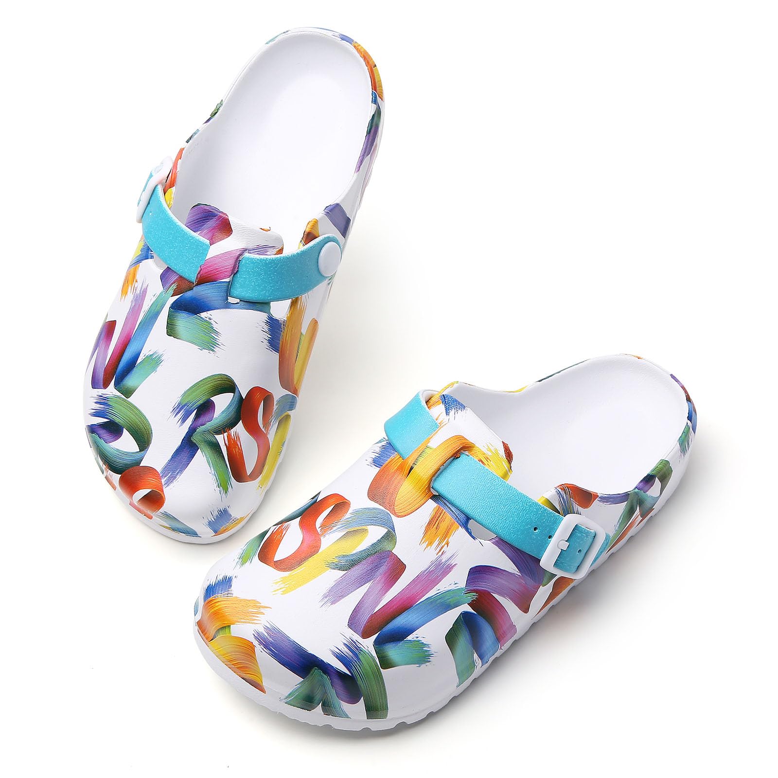 SECHRITE Zuecos de trabajo para mujer, con soporte de arco, antideslizantes, antideslizantes, para jardín, enfermera, chef, cocina, zapatos acolchados estampados
