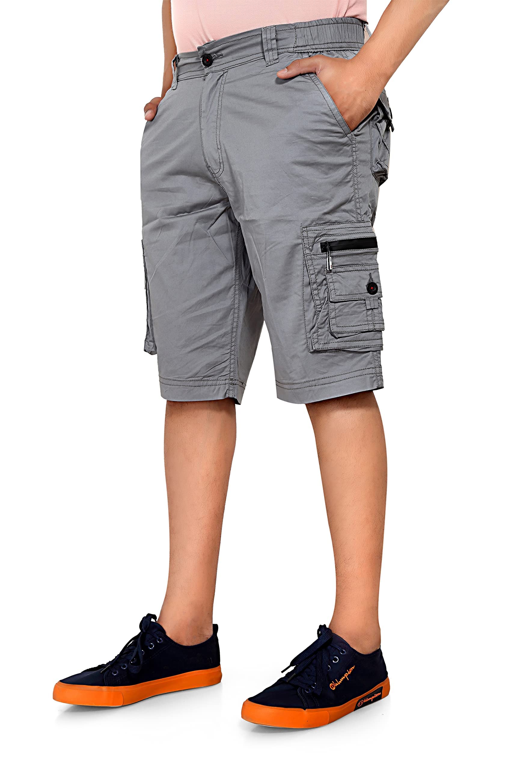 Men's Stretchable Grey Cotton Cargo Shorts-image-41