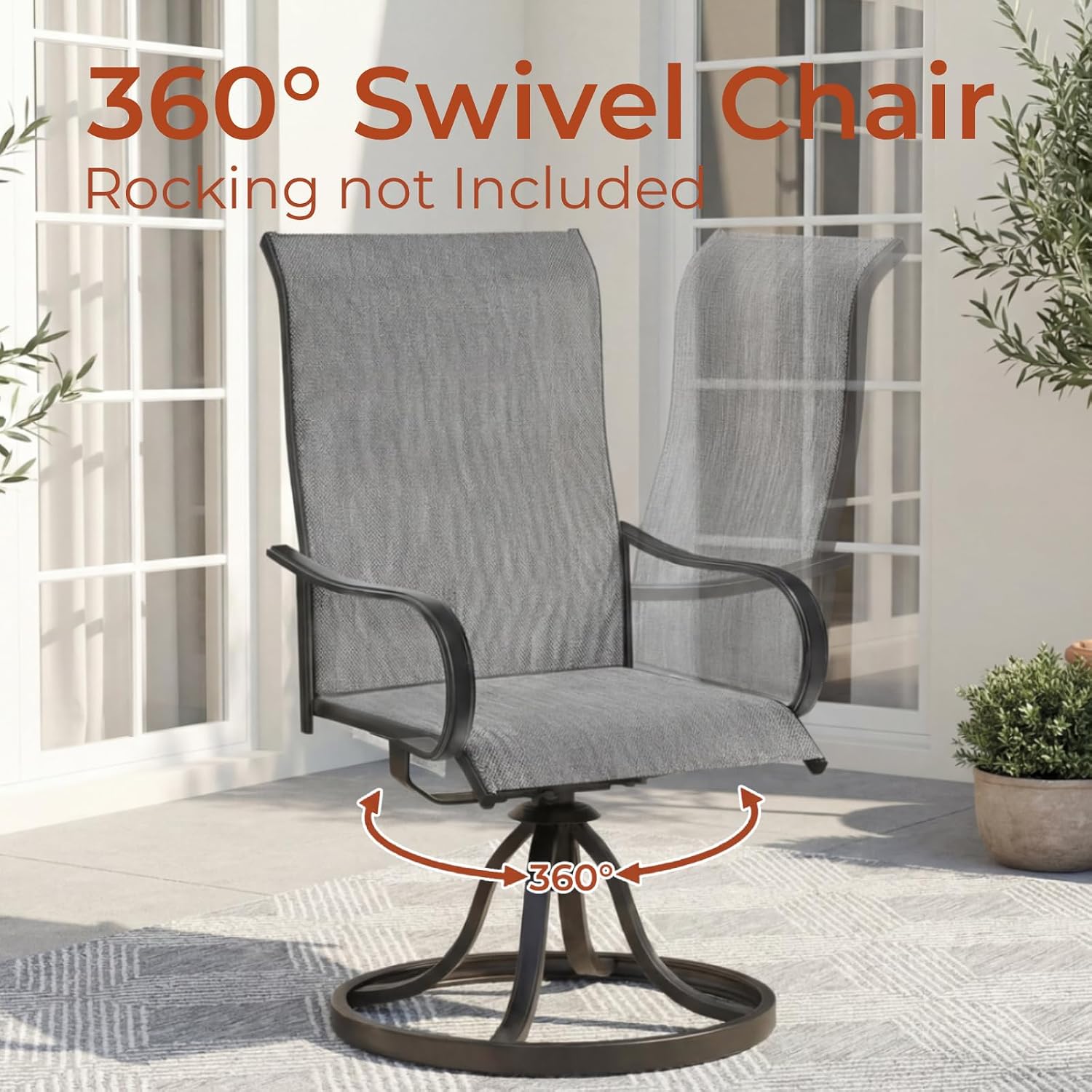 TLSUNNY Patio Swivel Chairs Set of 2, Outdoor 360° Swivel Dining Chairs W/ 24" High Back & Ergonomic Armrest, All-Weather Textilene Furniture W/Heavy-Duty Frame, Rocking not Included (2, Grey)