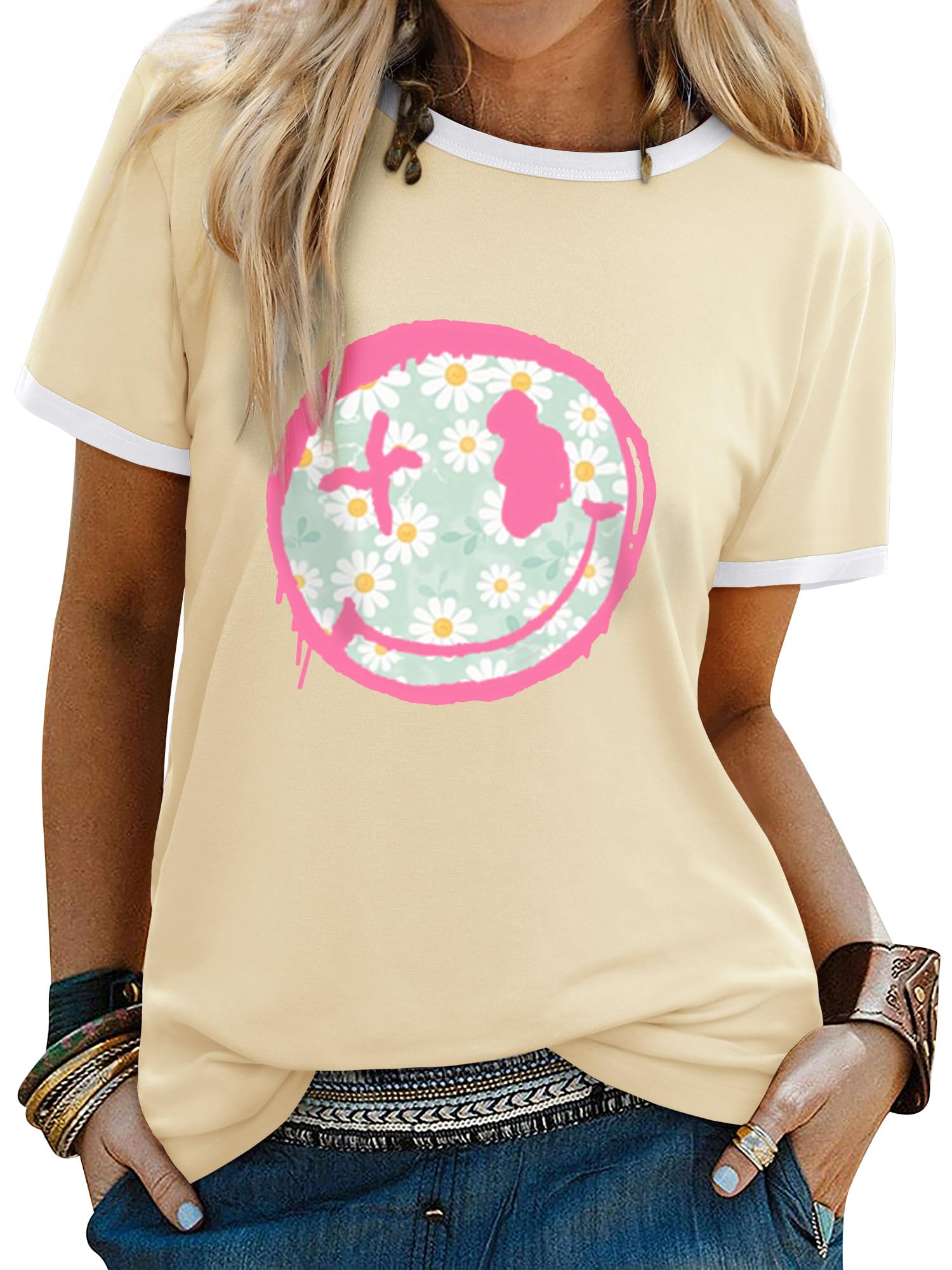 WIEIYM Tshirt Damen Oberteile Kurzarm Tshirts Sommer Damen T-Shirt Rundhals Hemd Leichtes Shirt Gedruckt Lässig Tee Tops Bluse,B-Apricot,L