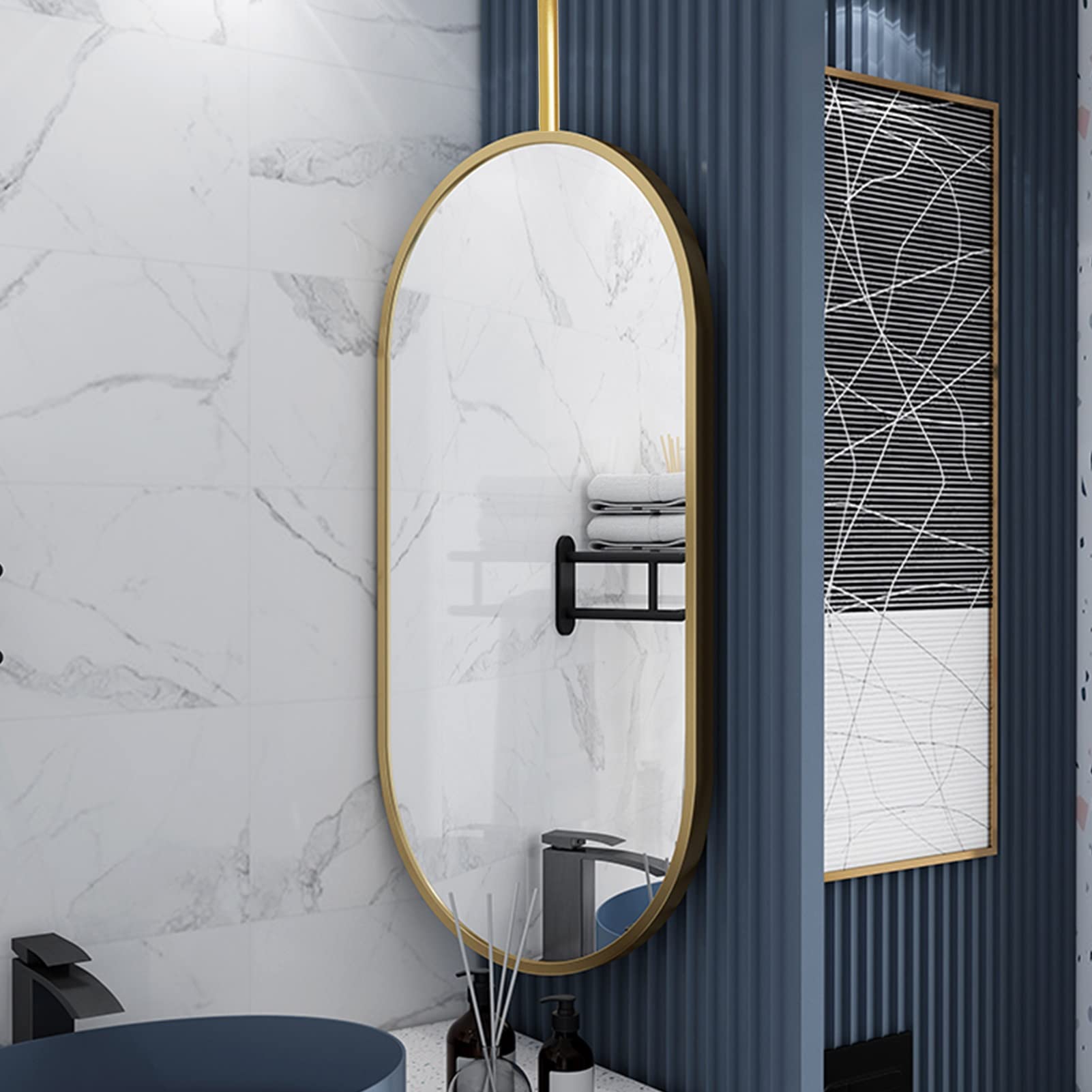 Miroir mural ovale 40x70cm avec cadre en métal pour salle de bain et couloir