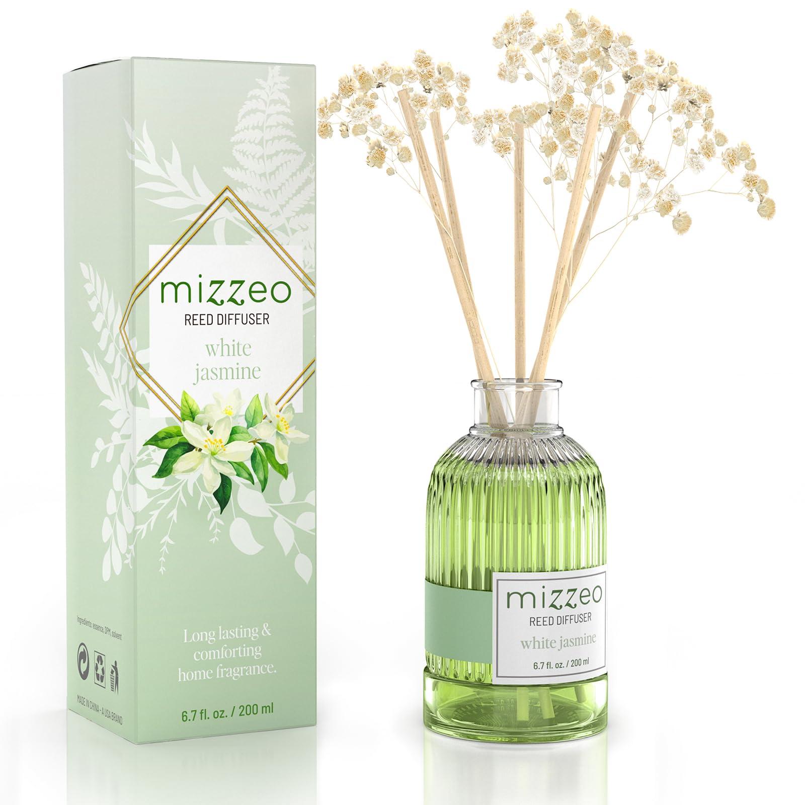 MIZZEO Reed Diffuser Set White Jasmine 6 76 fl oz Highly Scented Room Diffuser Home Fragrance Essential Oil