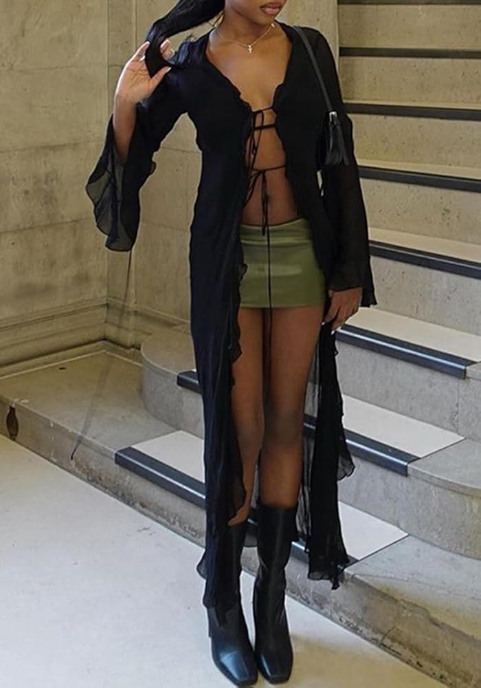 【NONCODE】Elle see-through cardigan + N/S one-piece set LETSVDO Womens Sheer Long Kimono Cardigan Bell Sleeve Mesh