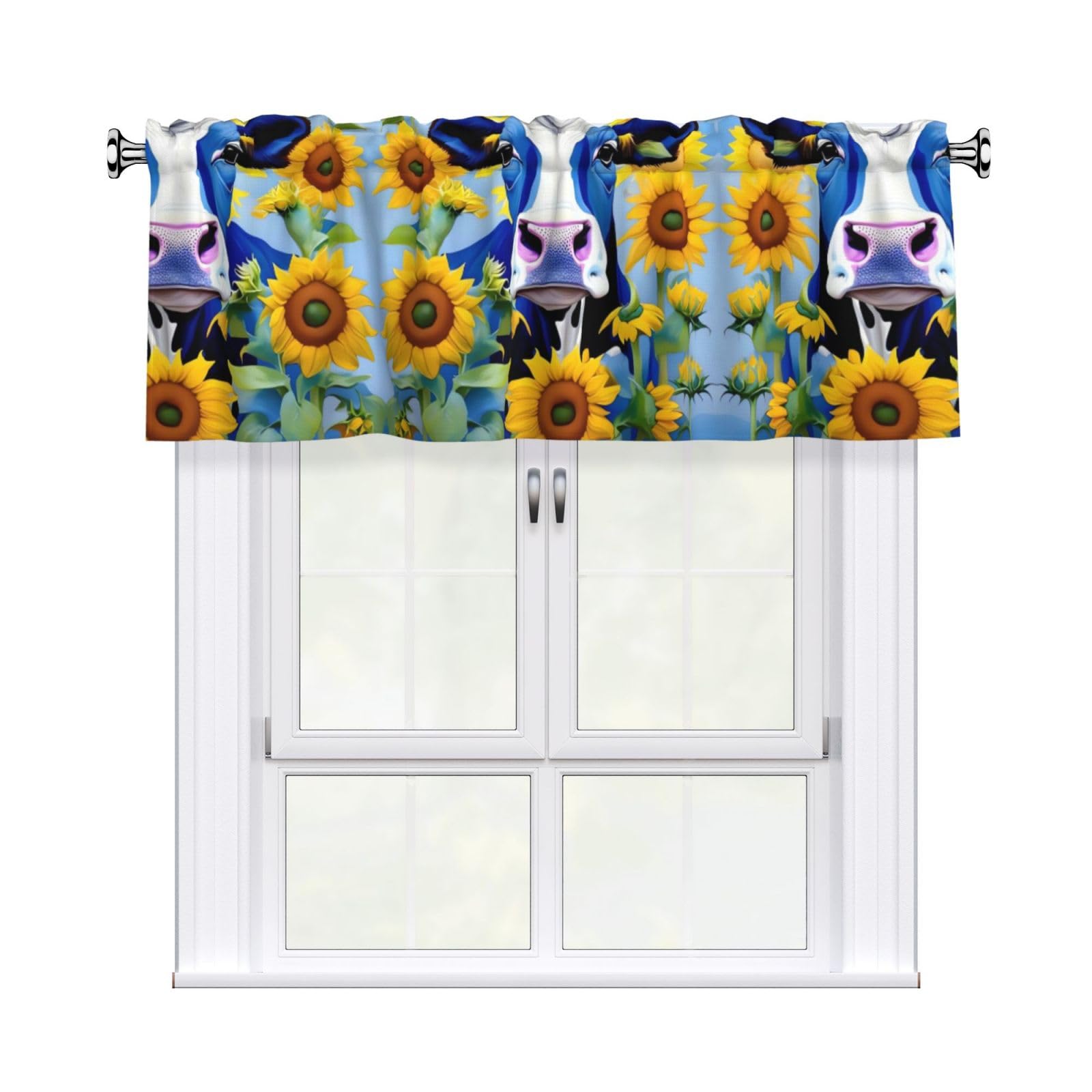 LMNGH Cow with Sunflowers in Blue Curtain Valance for Windows,Kitchen Window Curtains Blackout Drapes Window Treatments Decorative Rod Pocket Short Curtain for Living Room Bedroom,54" W x 18" L