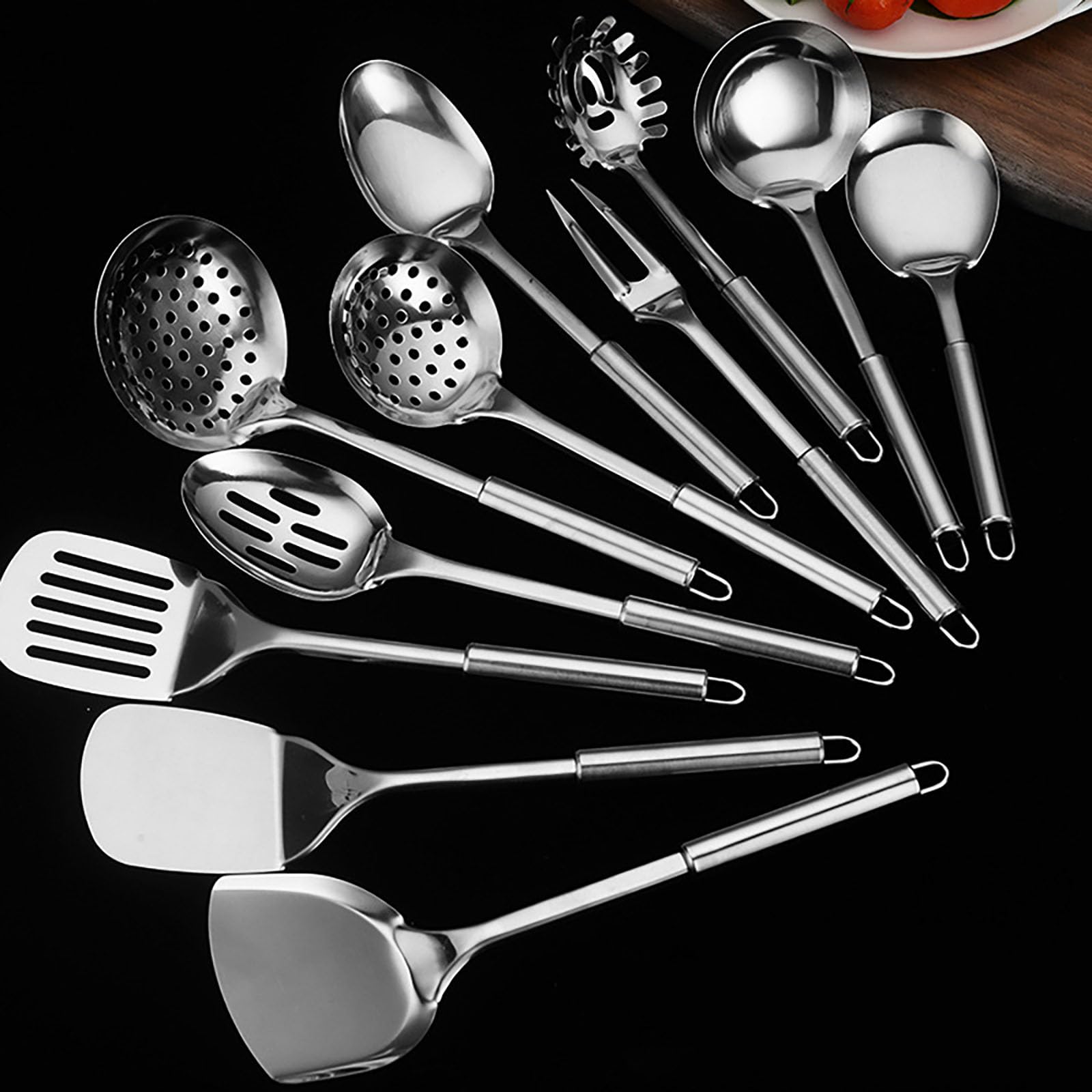 Set di 11 utensili da cucina in acciaio inox, utensili da cucina professionali con manici resistenti al calore, finitura lucida, design con foro per appenderlo, include spatole, cucchiai scanalati