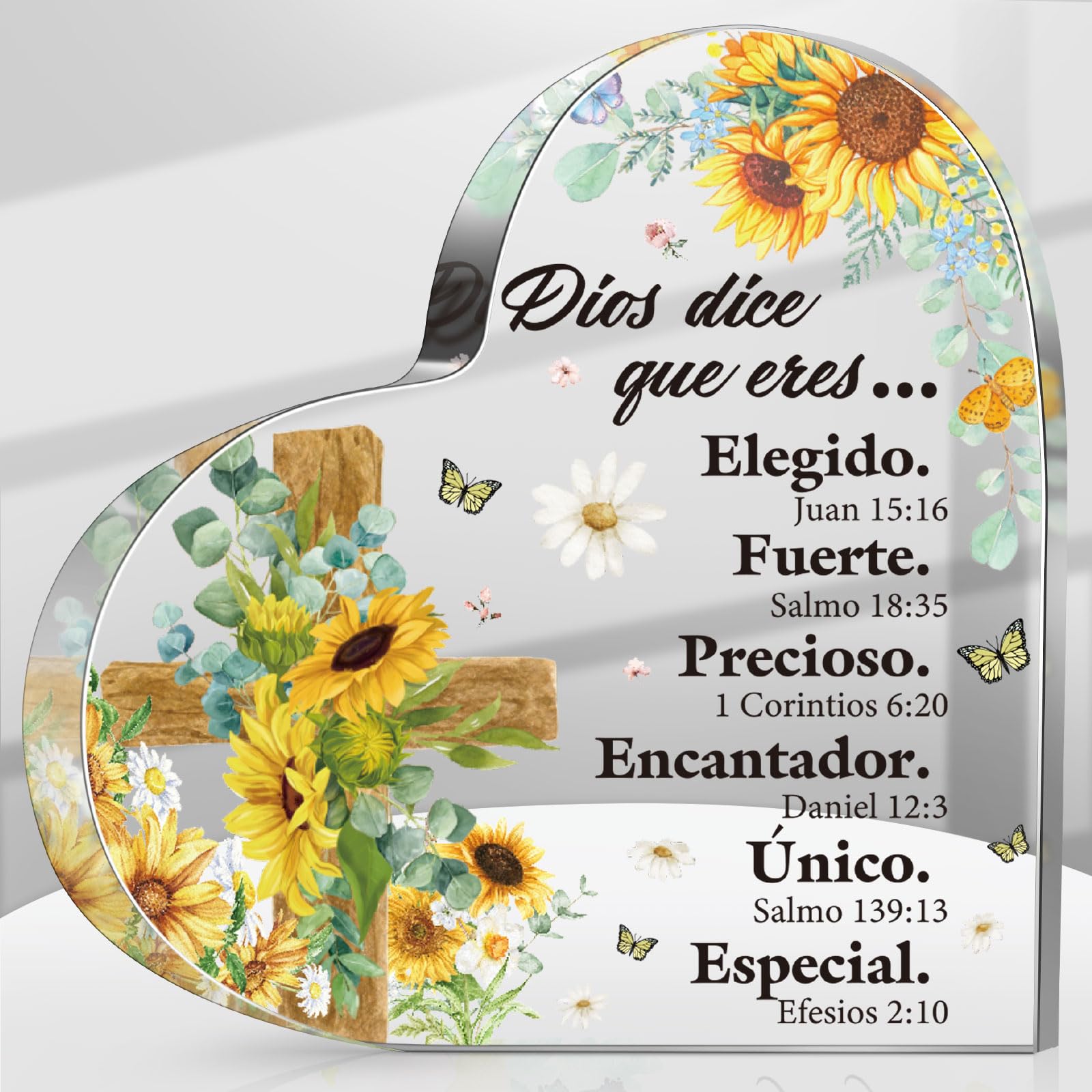 Shellwei Spanish Christian Gift for Women Mothers Day Church Gifts Acrylic Heart Plaque Bible Verse in Spanish Scripture Christian Desk Decorations