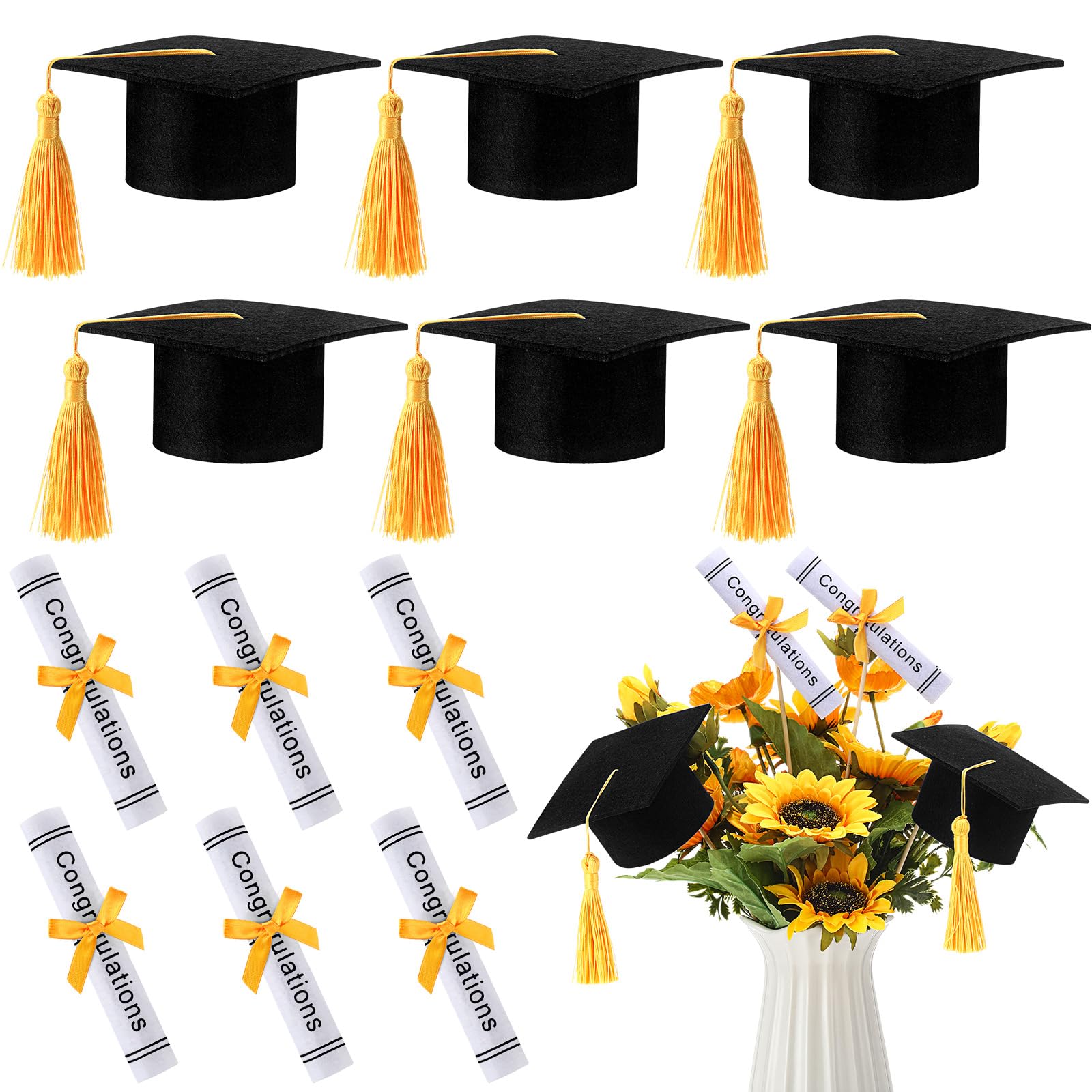 Photo 1 of **6 PCS**Breling 12 Pcs Black and Gold Graduation Centerpiece Sticks Felt Graduation Scroll Diploma and Grad Cap with Tassel Decor 2026 Table Toppers Centerpiece Party Supplies for Grad Party Decorations