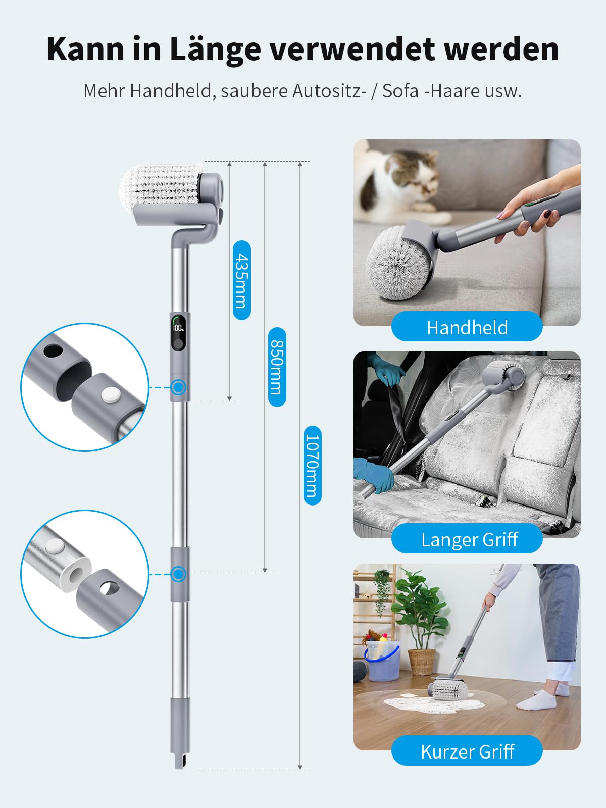 Cepillo de limpieza eléctrico 2 en 1, cepillo de limpieza eléctrico ajustable con pantalla digital, se utiliza para baños, alfombras, mascotas, cocinas y coches