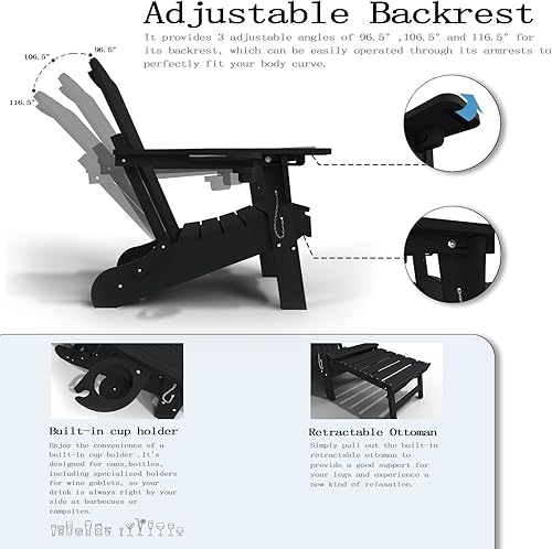 Miniatura 6 de Sillas Adirondack plegables ajustables con otomana y 1 portavasos, HDEP silla Adirondack multifuncional con reposapiés, color negro