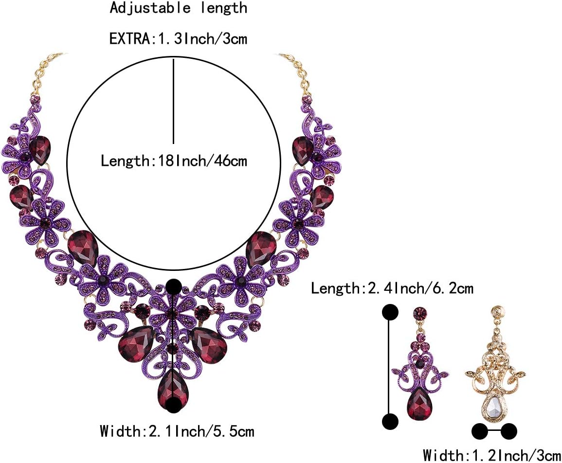 BriLove Women's Costume Elegant Crystal Flower Scroll Teardrop Statement Necklace Dangle Earrings Set for Wedding Party Prom Accessories