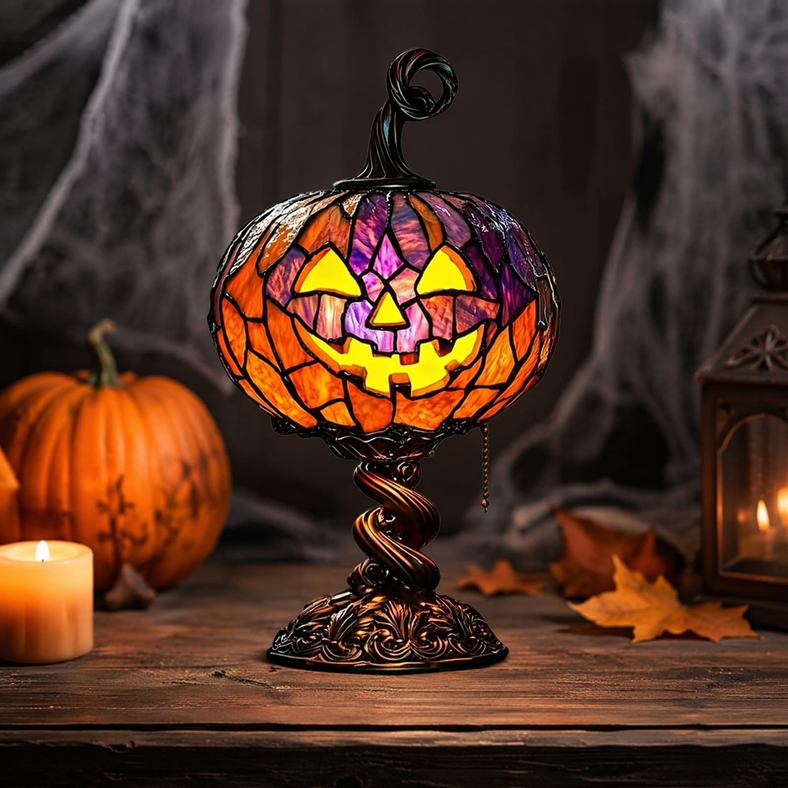 Stained Glass Halloween Pumpkin Table Lamp, Gothic Witch Hat Night Light