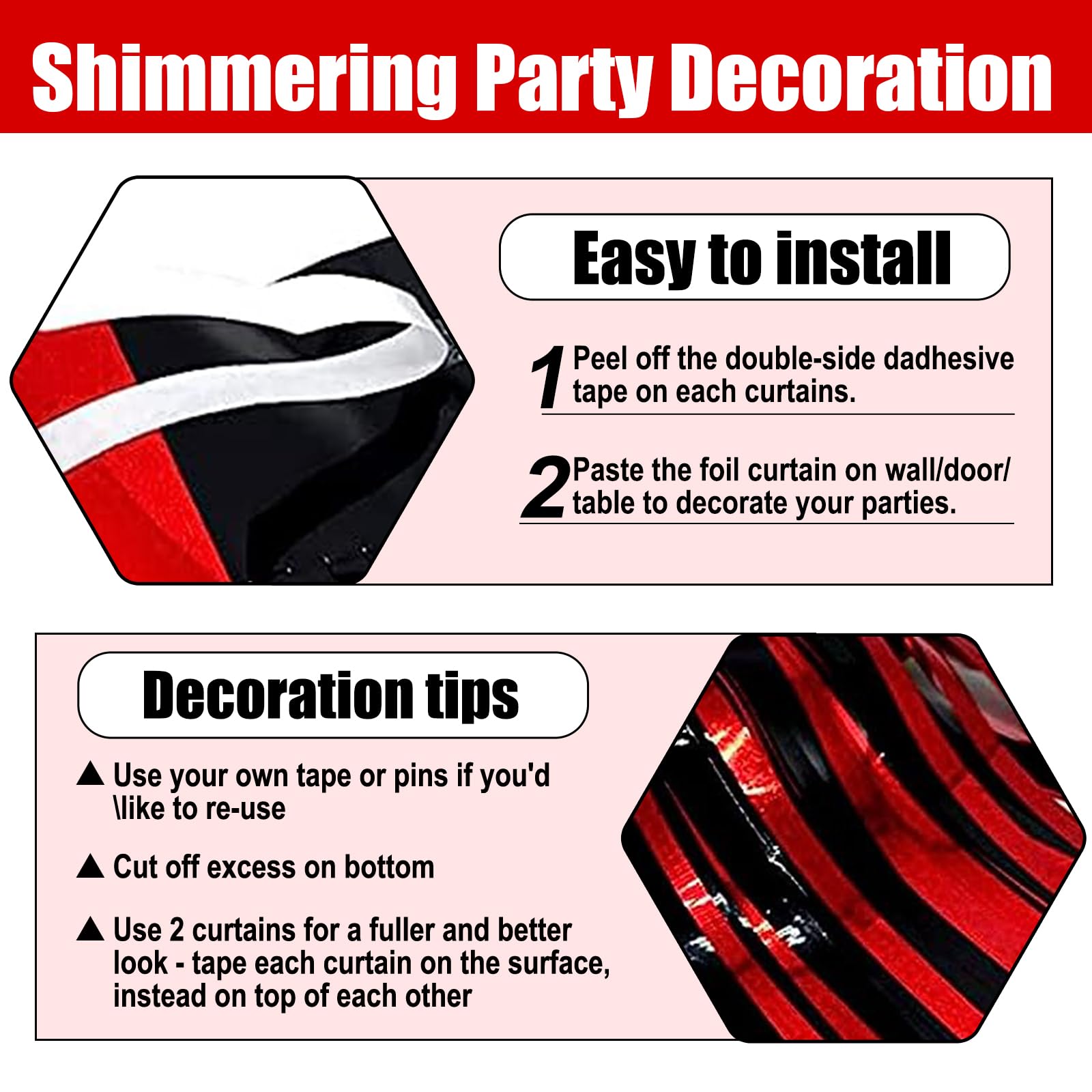 Paquete de 6 cortinas de flecos de papel de aluminio negro y rojo, 3.28 pies x 8.2 pies, cortinas metálicas de oropel para accesorios de cabina de fotos, día del profesor, cumpleaños, decoración de
