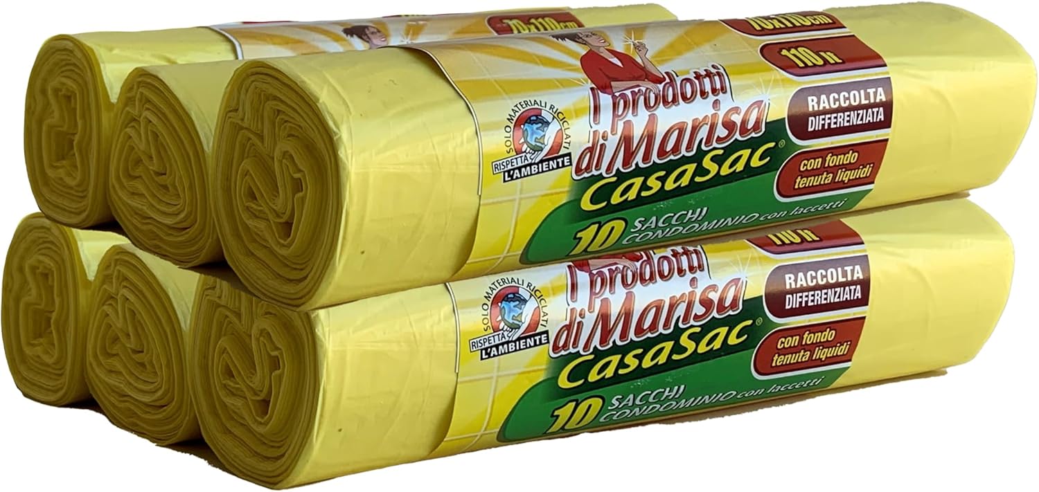 CSC – 110L Bin Bags with Ties, 60 Pieces, Large Bin Bags for External and Internal Separated Collection, 70 x 110 cm Anti-Hole Bin Bags – 6 Rolls, Yellow