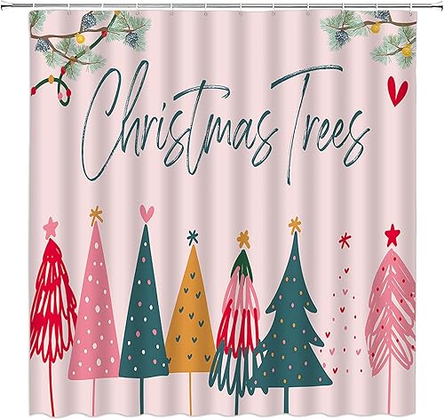 Miniatura 2 de Cortina de ducha de árbol de Navidad, color rosa, verde, estrella de árbol de Navidad, copo de nieve, feliz Navidad, rústico, invierno, vacaciones,