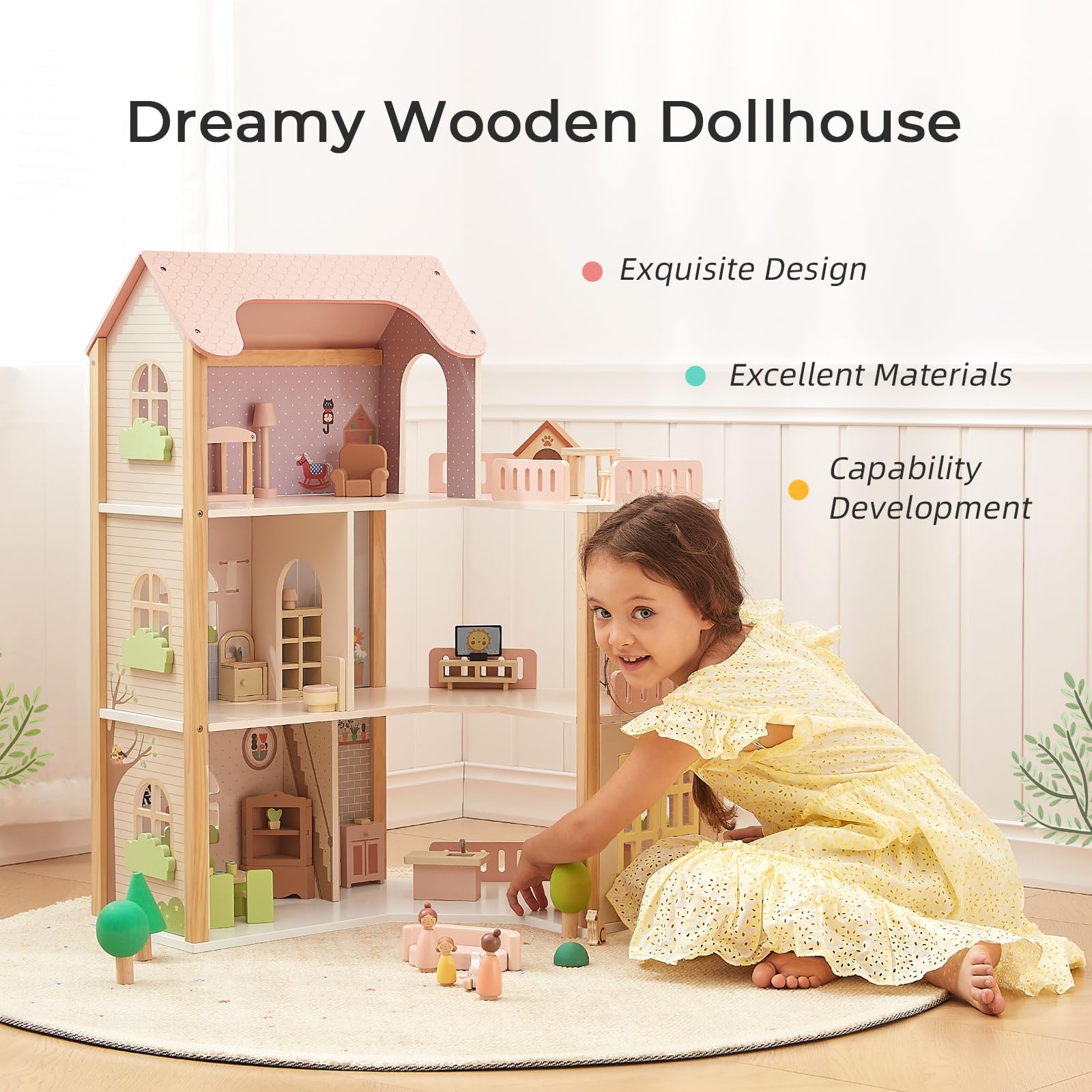 OOOK Puppenhaus Holz, Puppenhaus ab 3 Jahre Mädchen mit 60 Möbel Zubehör, 3-stöckiges Holzpuppenhaus Groß mit 4 Puppen und 2 Haustieren, Wooden Doll House for Girls | 4 Puppen und 2 Haustiere, großes 3-stöckiges Puppenhaus mit 6 Zimmern, Puppenhaus für Mä