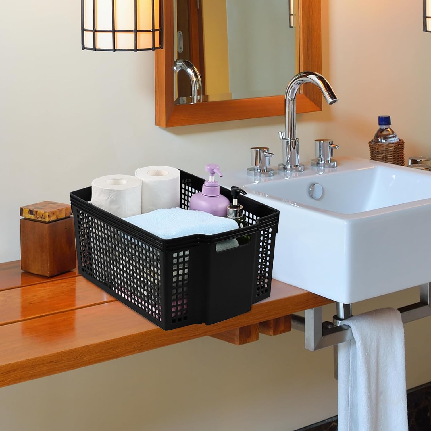 Vababa 12-Pack Large Storage Basket, Stacking Plastic Rectangle Storage Bin, Black