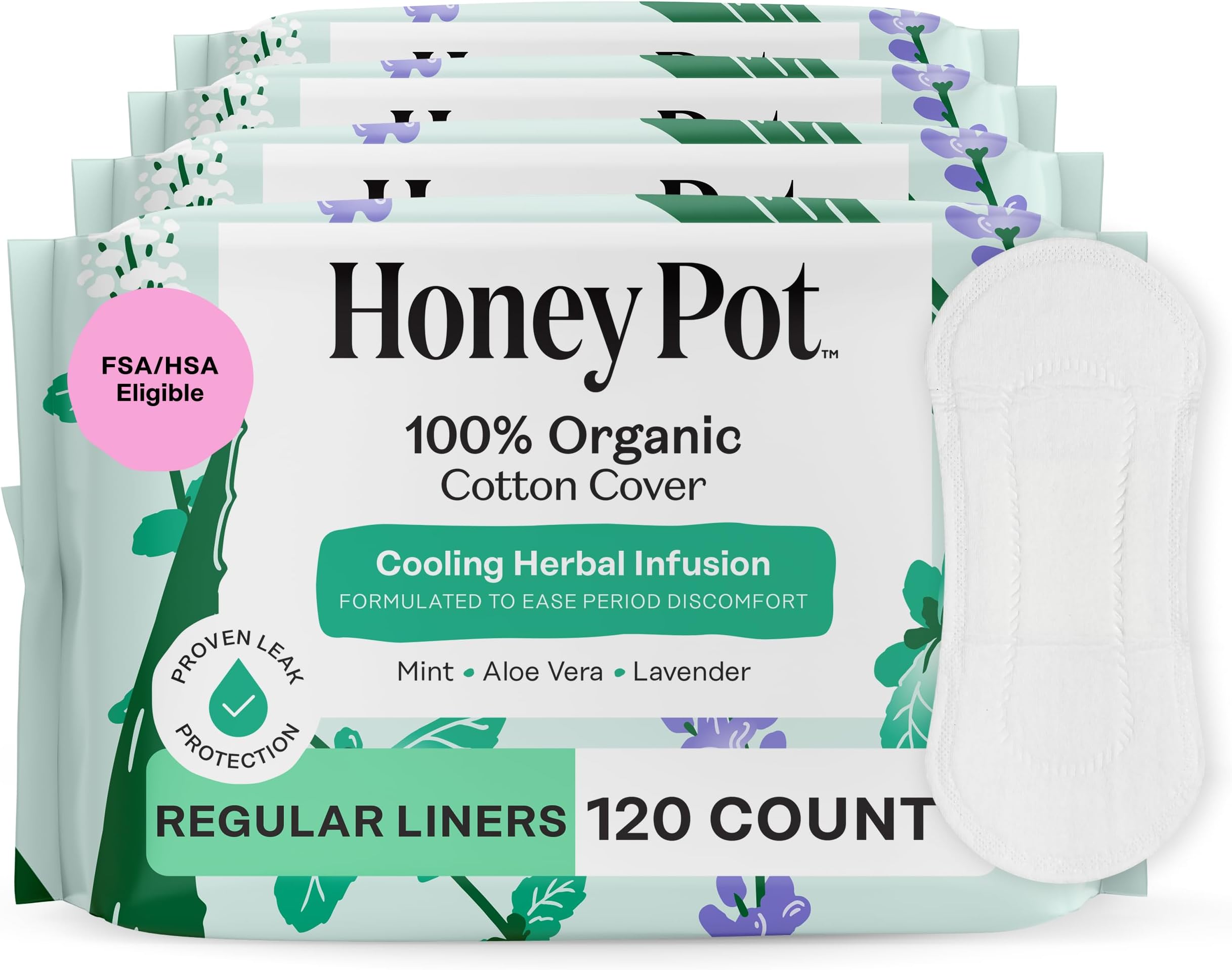 120 ct - Herbal Everyday Panty Liners for Women - Infused w/Essential Oils for Cooling Effect & Organic Cotton Cover - Feminine Care