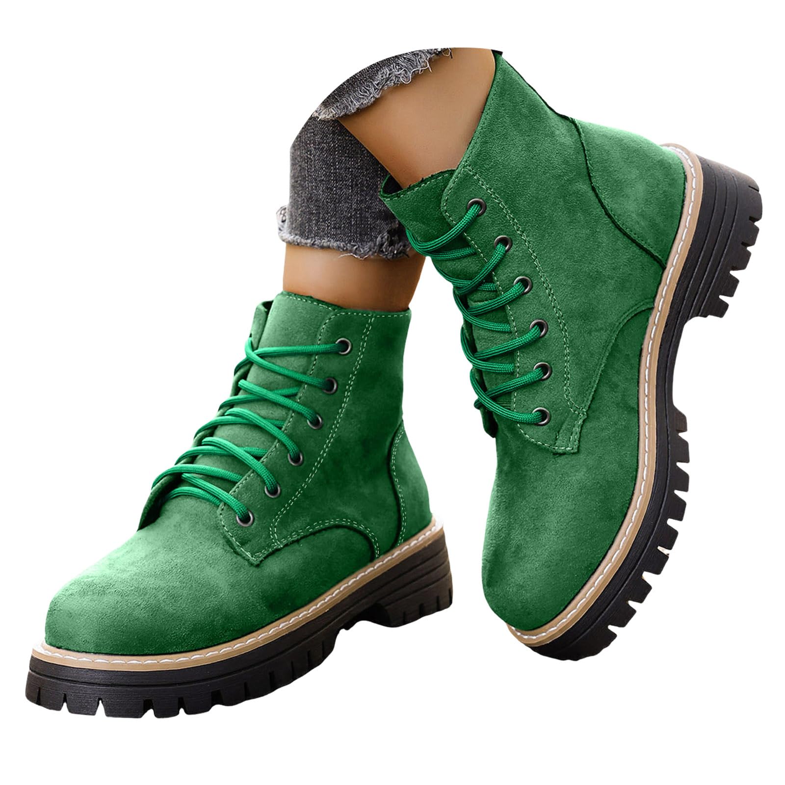 ZSpzx Women Suede Ankle Boots Platforms Lace Up Solid Combat Booties Chunky Heels Lug Sole Round Toe Slip