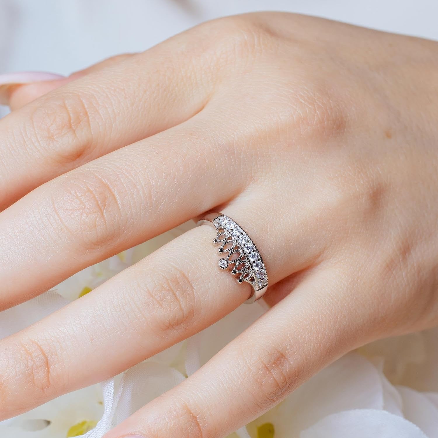 Rhodium Plated 925 Sterling Silver Tiara Crown Ring Clear CZ Band Sizes 5-9