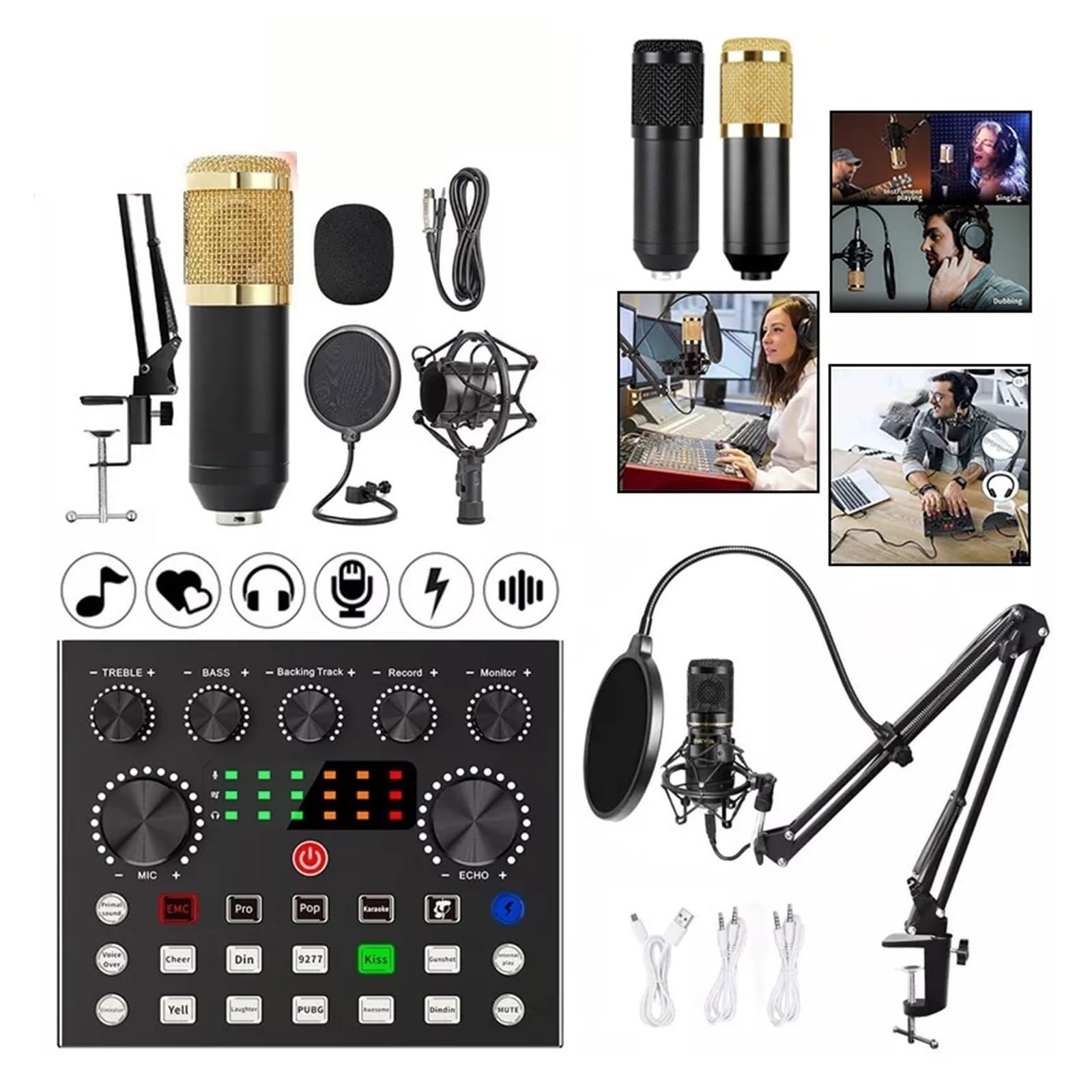 Kit scheda audio Kit microfono con scheda audio dal vivo, braccio a forbice sospeso, supporto antiurto e filtro antipop per studio di registrazione Configurazione studio per la registrazione di m