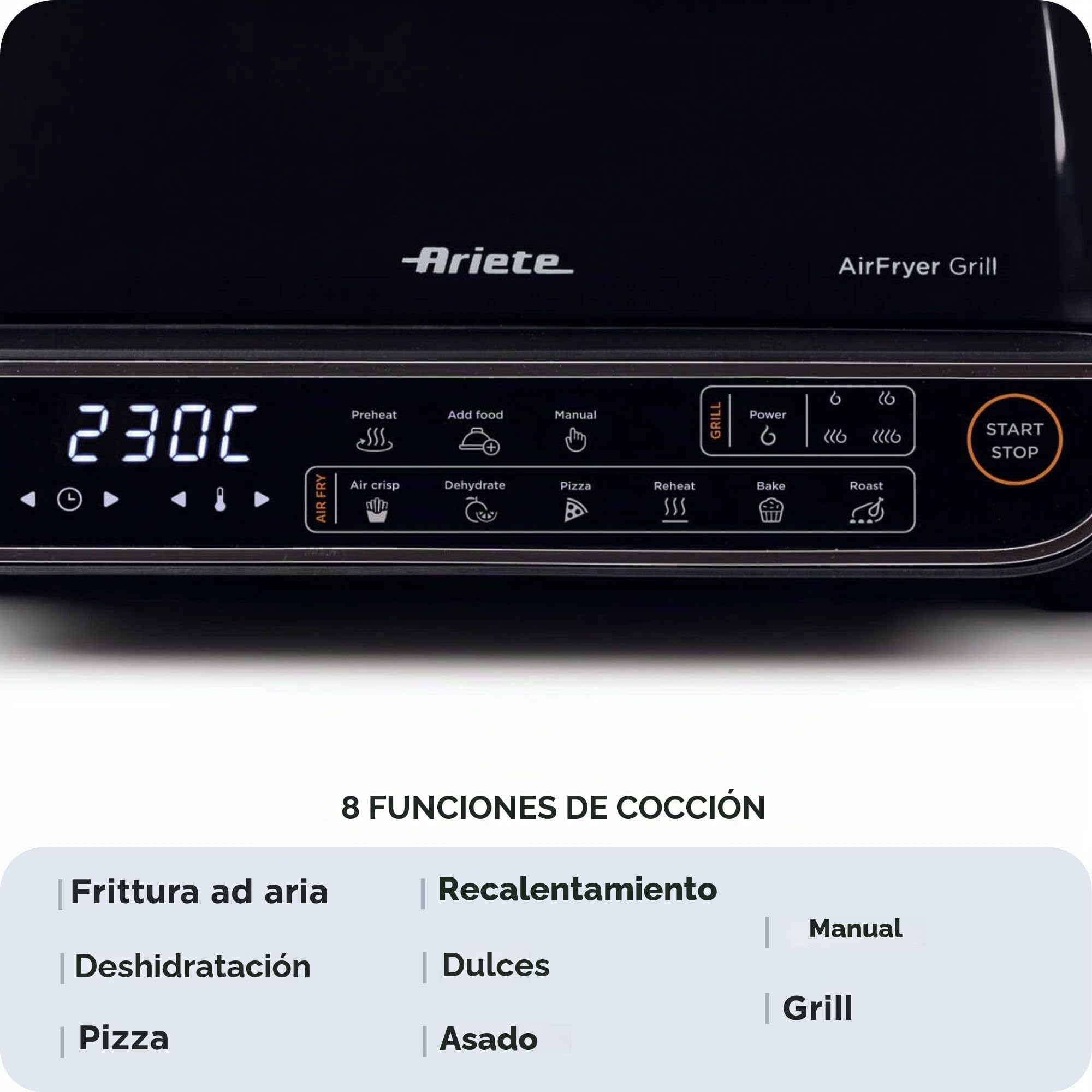 Ariete 4635 Freidora de Aire Parrilla, Freidora y Parrilla, Barbacoa, 1700W, Capacidad de 8 L, Freidora y Parrilla, 8 funciones de cocción, Temporizador, Negro
