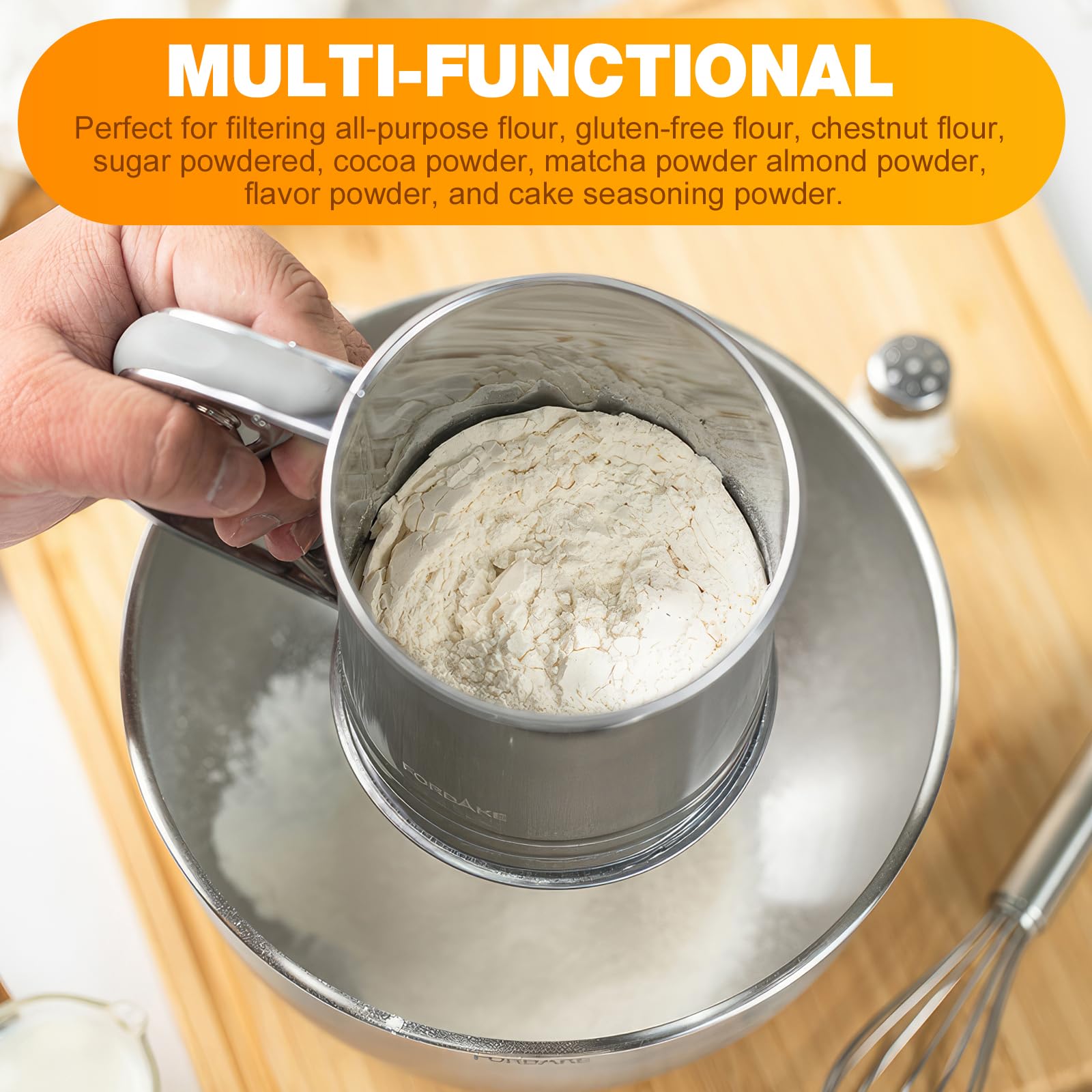 4 in 1 Mehlsieb Edelstahl, 5 Tassen Mehlsieb zum Backen, Sieb zum Backen mit Puderzucker Staubwedel Set, Mehlstreuer Staubwedel zum Backen von Kuchen, Torten, Gebäck, Desserts und Cupcakes