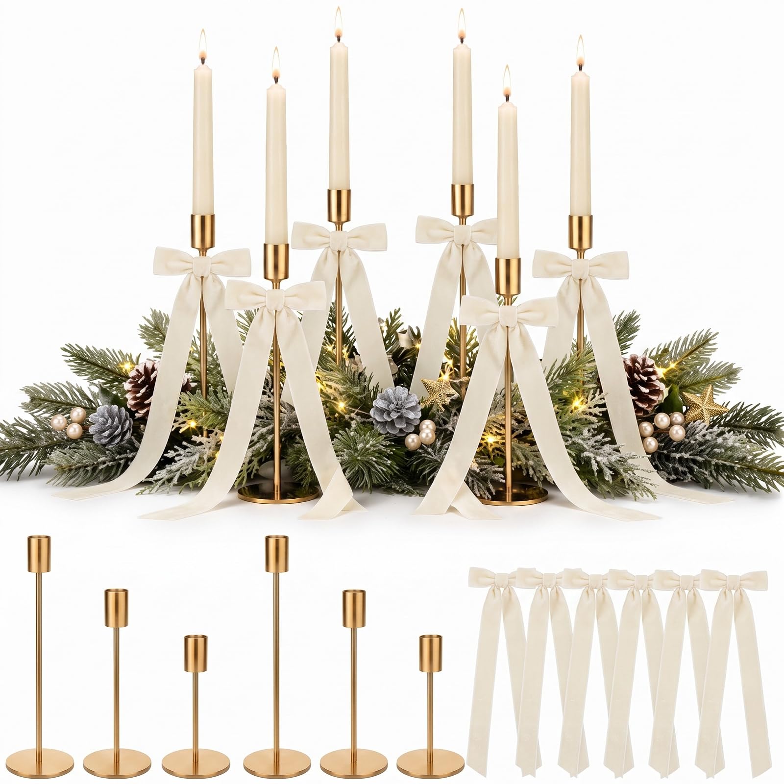 6 Sets Cream White Christmas Party Decorations, 6 Candle Holders and 6 Velvet Ribbon Bow, Metal Brass Gold Candlestick Holders for Table Christmas Holiday Wedding Birthday Party Supplies