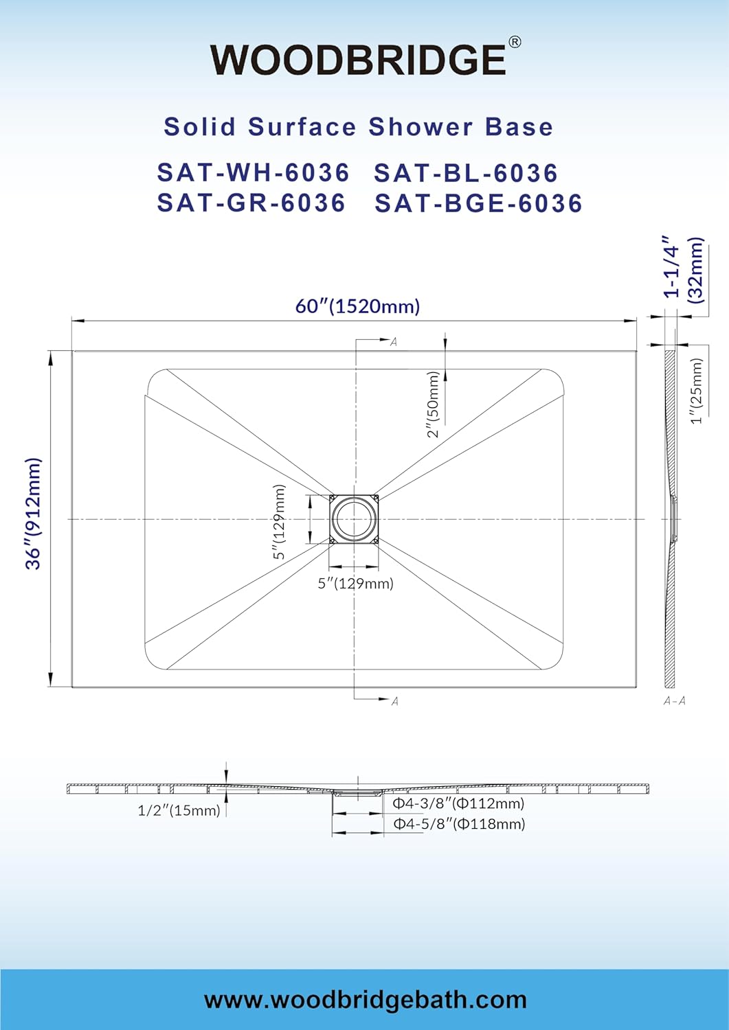 WOODBRIDGE 60" L x 36" W Zero-Threshold Shower Base for Wheelchair Access, Low-Profile Non-Slip Design with Center Drain, Matching Decorative Drain Plate and Tile Flange, White