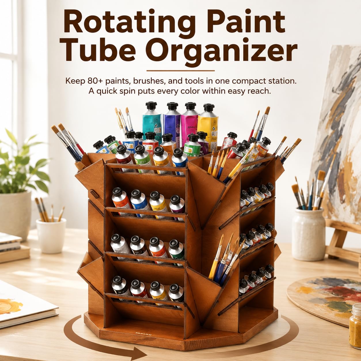 Organizador de almacenamiento de pintura giratorio de 4 niveles con capacidad para más de 80 tubos de botellas de pintura, soporte para suministros de arte para pinturas al óleo acrílicas