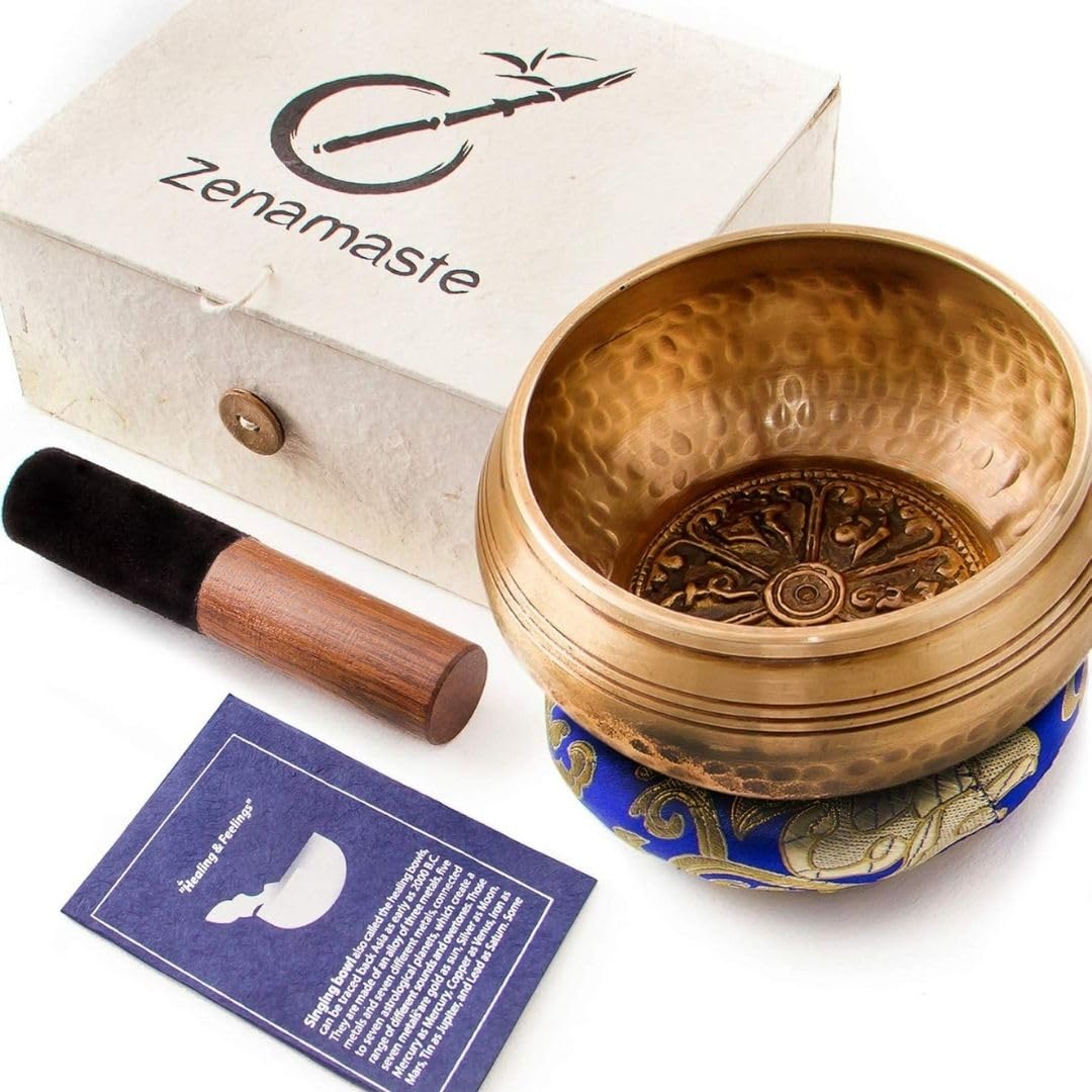 • Bol Tibétain Chantant Méditation Fait à la main à Bhaktapur (Népal) - 450gr ⌀11,5cm - Coffret Zen - Papier népalais - Coussin Bol Chantant (Métaux Anciens Chakra) - Maillet Bois
