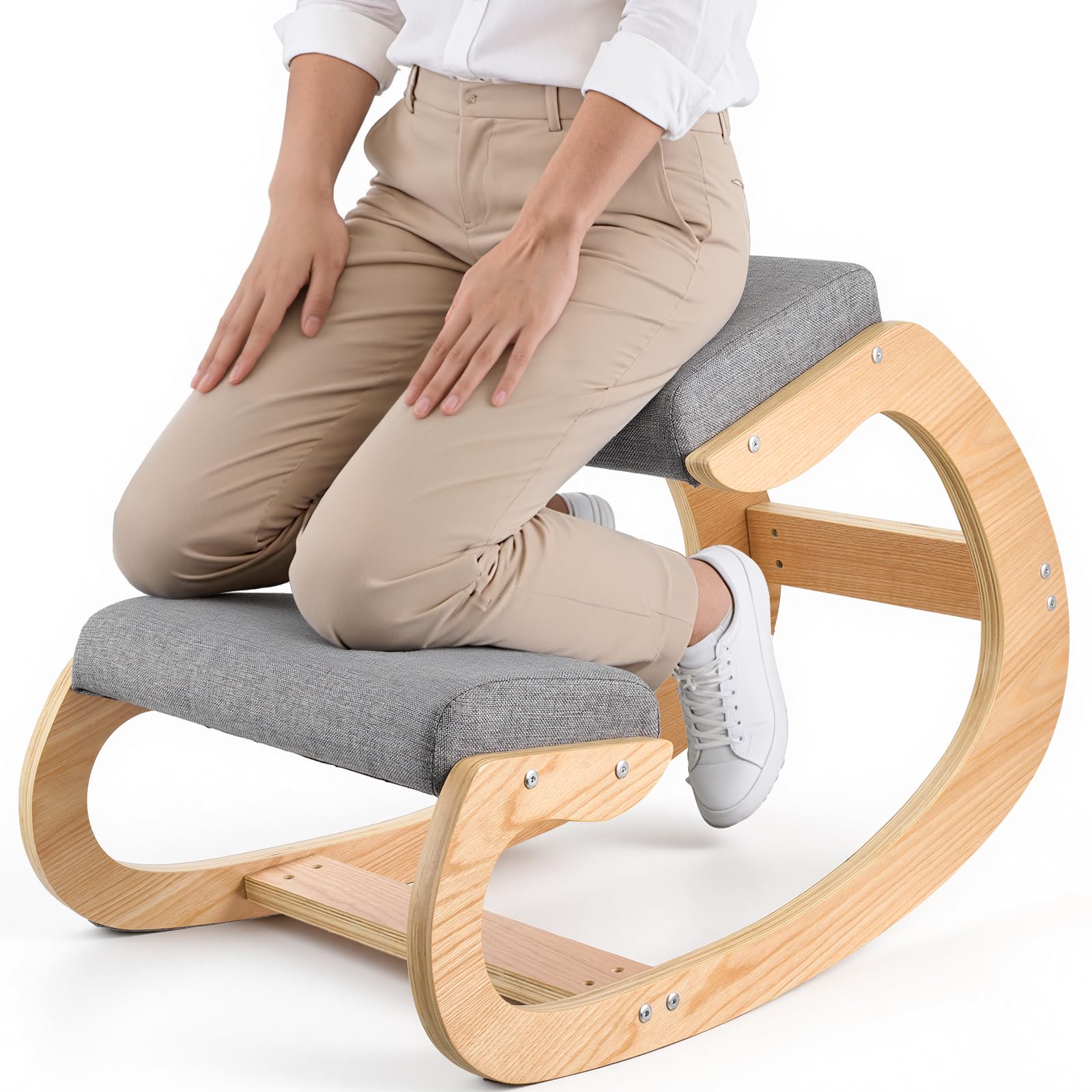 VEVOR Silla Ergonómica de Rodillas con Estructura de Madera y Cojín de Espuma Gris, Taburete para Rodillas Carga de 120 kg, Relajarse de Cuello y Espalda para Hogar, Oficina, 82 x 54 x 55,5 cm