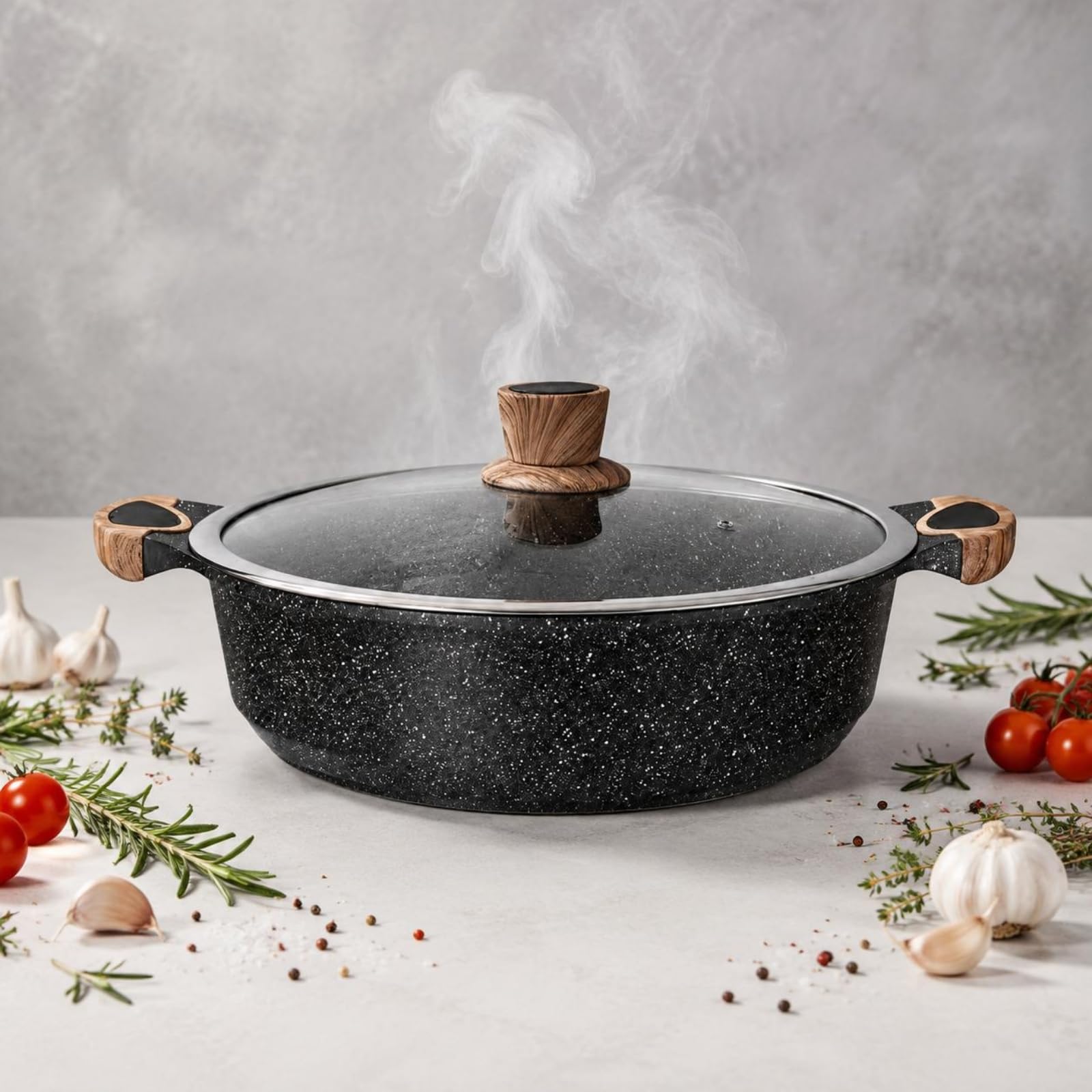 KESOTO Olla de Piedra Antiadherente Sartén Caldero con Diseño de Asas Dobles y Tapa de Vidrio en Aleación de Aluminio Adecuada para Mover de Fogón a Mesa Cocinar Diario Cenas, 26cm