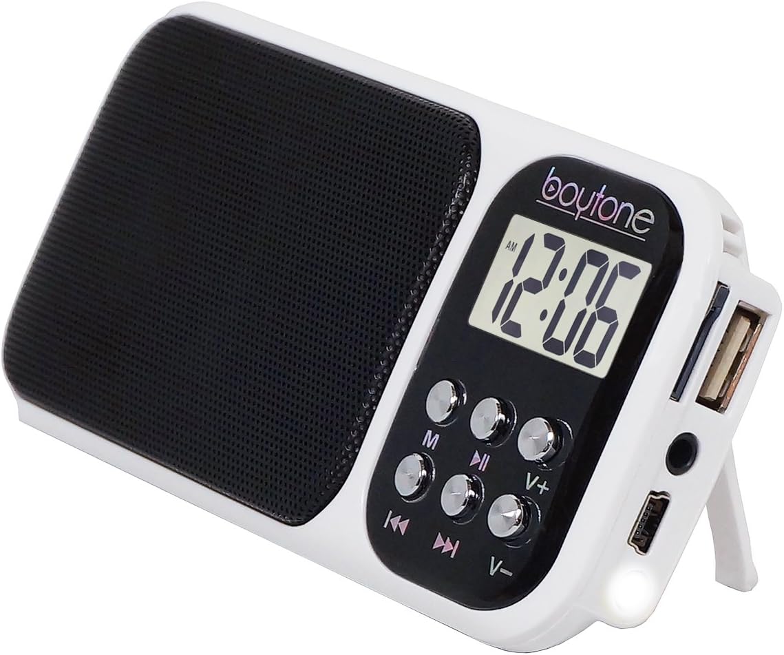 Boytone BT92W Portable FM Transistor Radio Alarm Clock with Earphones, Rechargeable