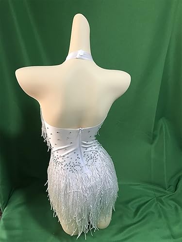 Miniatura 8 de Body blanco brillante con diamantes de imitación para mujer, traje de drag queen, trajes de baile con flecos