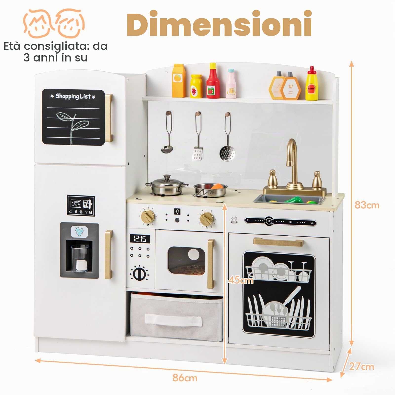 HOMASIS Cucina per Bambini in Legno, Cucina Giocattolo con Microonde Illuminato, Fornello, Forno, Lavandino, Macchina per il Gelato, Lavagna, 8 Accessori e Cestini, per Bambini dai 3 Anni, Bianco