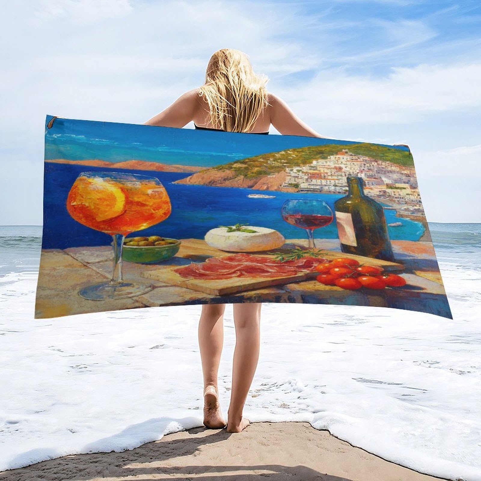 Luyysky Vintage Abstract Wine Glass Absorbent Beach Towel, Romantic Realistic Italian Food Theme Nautical Coastal Country Outdoor Single-Sided Velvet Beach Towel-80 W Cm X 160" L Cm