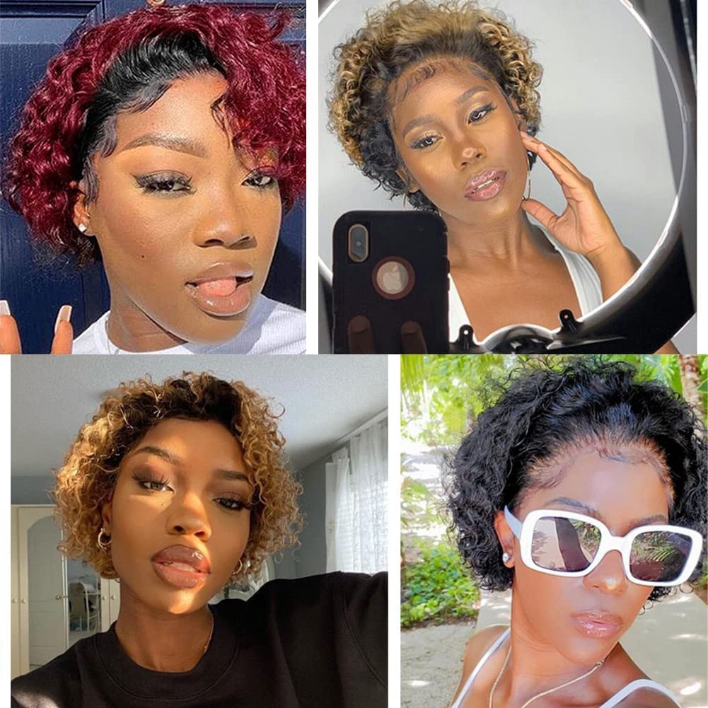 Ombre 1B30 Black to Orange Short Curly Human Hair Lace Front Wig 180% Density Pixie Style for Black Women Glueless - Image 2