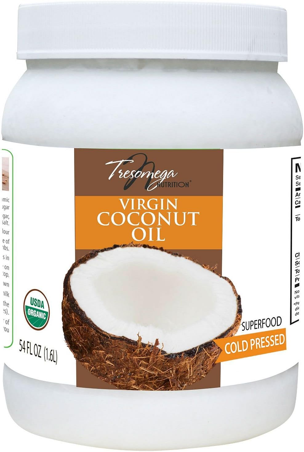 Tresomega nutrition Organic Virgin Natural Cold pressed Coconut Cooking Oil 54 oz (1532g)