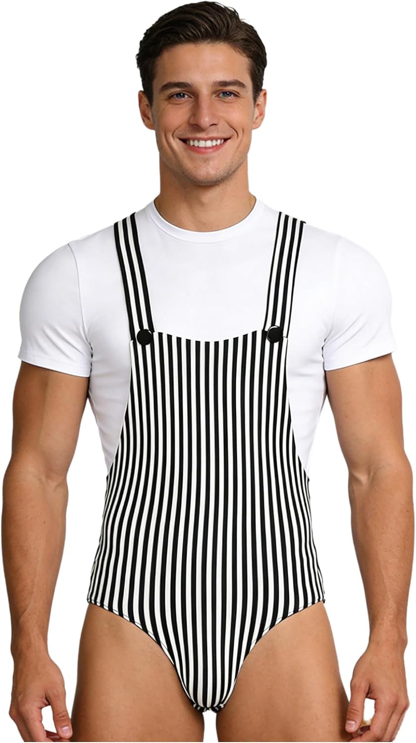XUNZOO Men's Overalls Design Striped Bodysuit Nightwear Short Sleeve Button Crotch Home Loungewear
