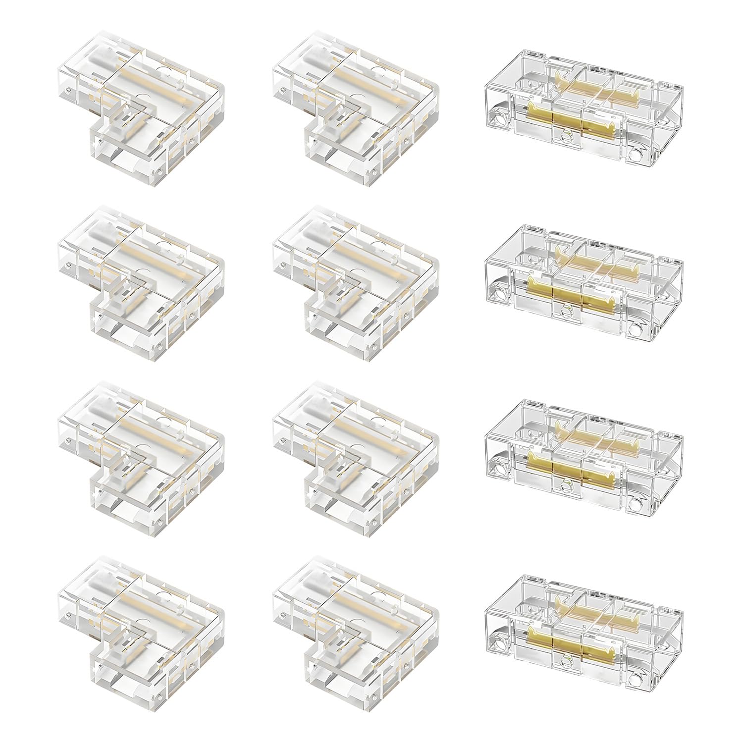 12Pcs 2 Pin LED Strip Light Connectors, 8mm LED L-Shape Strip Connector Kit with 4 Pcs Solderless Gapless Strip Connector Block 8 PCS L Shape Fixed Buckle Adapters for Multicolor RGB LED Strips
