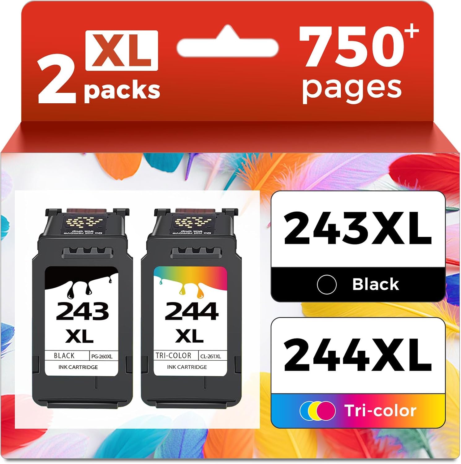 243 244 XL Ink Cartridge Replacement for Canon Ink 243XL 244XL PG-243 CL-244 PG243 CL244 PG243xl CL244xl Black Color Combo Pack to MG2522 MX490 MG2922 TR4520 TR4522 TS3322 TS3122 Printers, 2-Pack