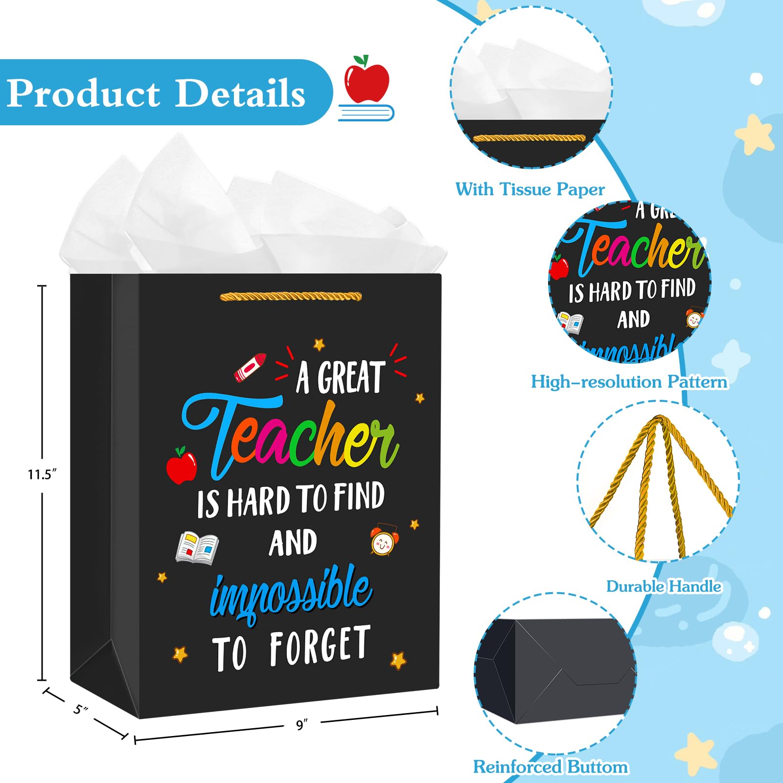 D24TIME Teacher Appreciation Gift Bags with Tissue Paper Black Teacher Gift Bag with Handle End of Year Teacher Retirement Gift Teachers Appreciation Day Graduation Teacher Gift Wrap Bags from Student