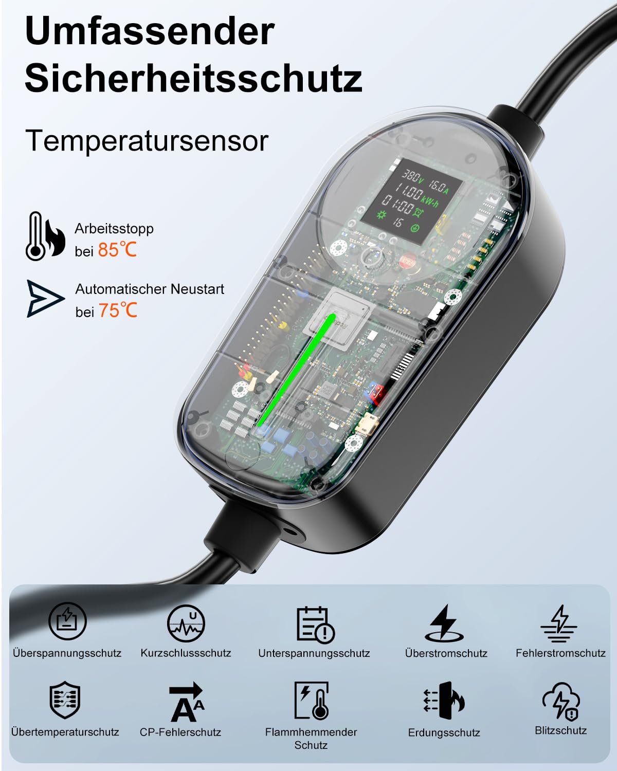 EzGoGo Mobile Wallbox 11kW, 7m, 6-16A, 3-phasig, Einstellbarer Ladeleistung