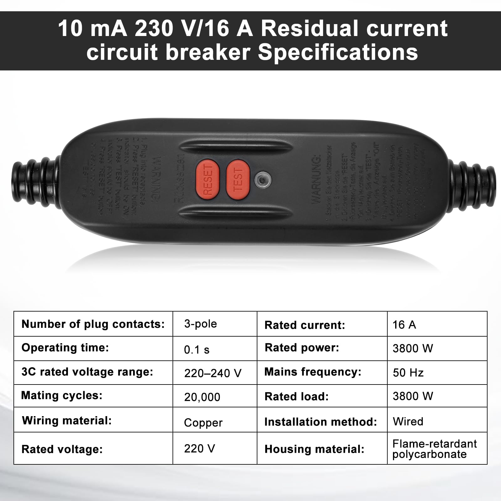 PRCD FI Schutzschalter 10 mA 230V/16A,Personenschutz Zwischenstecker IP66, Fehlerstromschutzschalter für Außenbereich, Kabelanschluss beidseitig